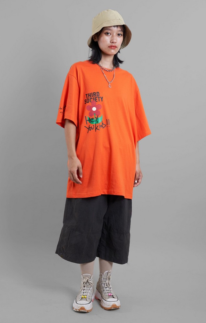 Unisex Orange Flower Printed Cotton Oversized T-Shirt