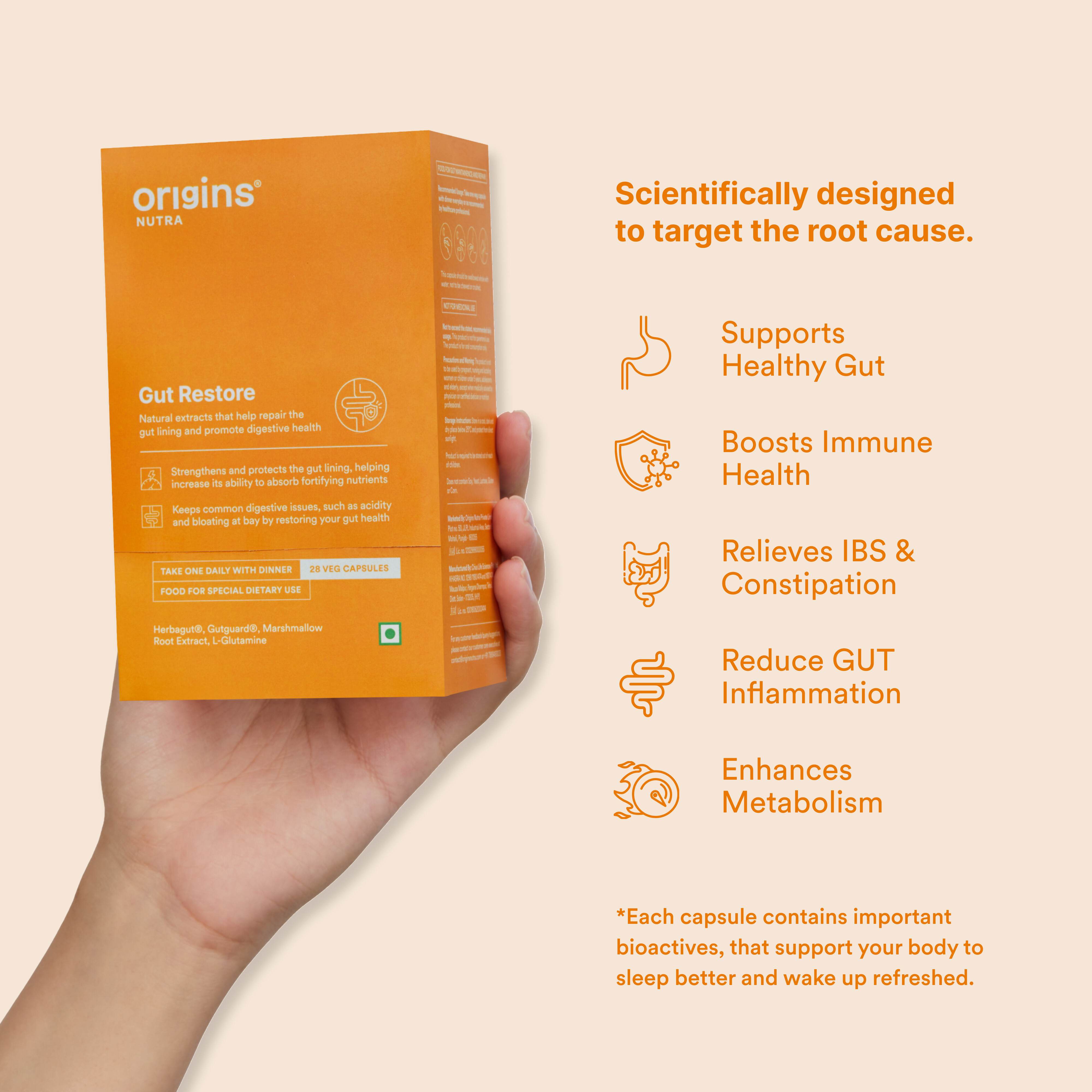 Origins Nutra | Gut Restore| For Men&Women | 28 Veg Cap