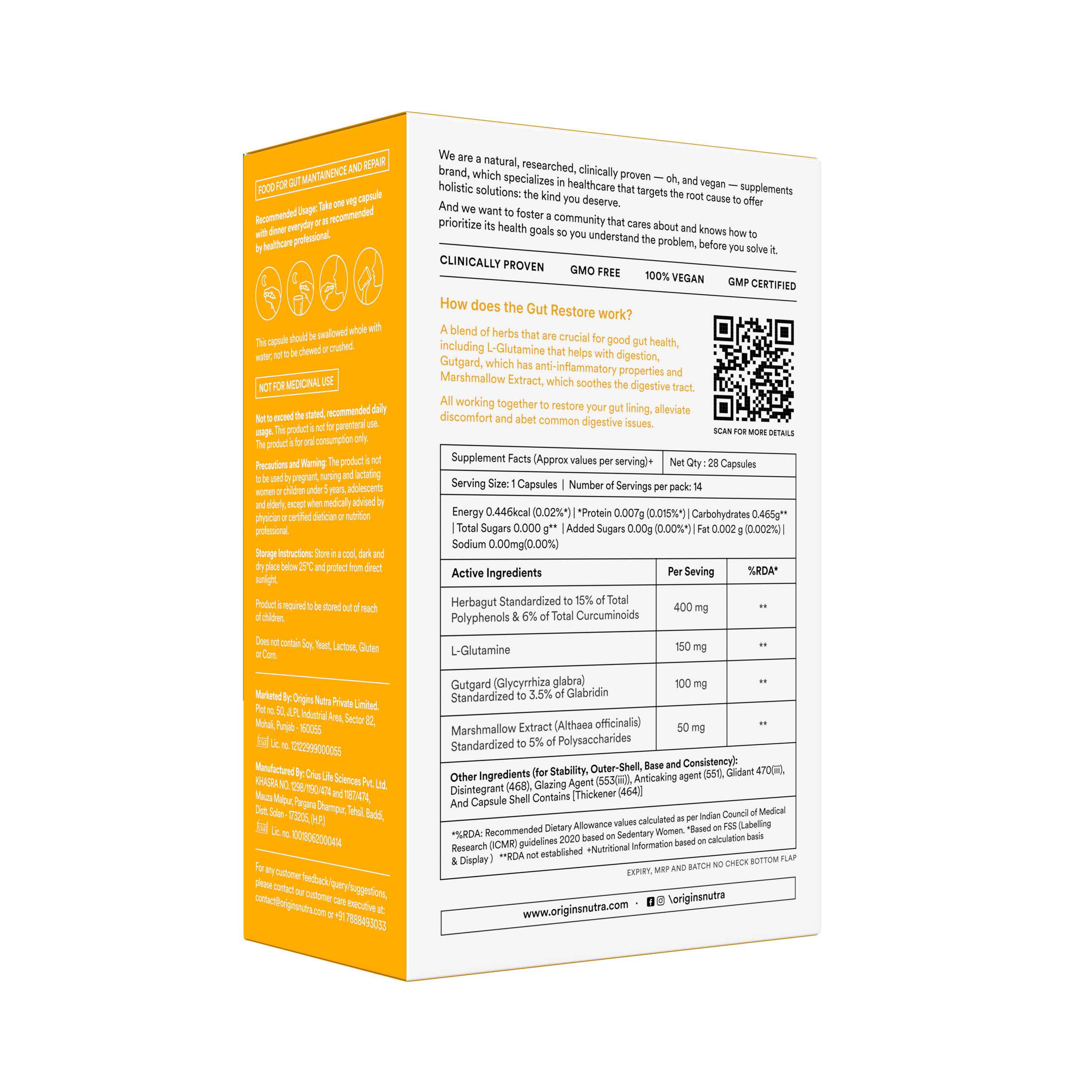 Origins Nutra | Gut Restore| For Men&Women | 28 Veg Cap