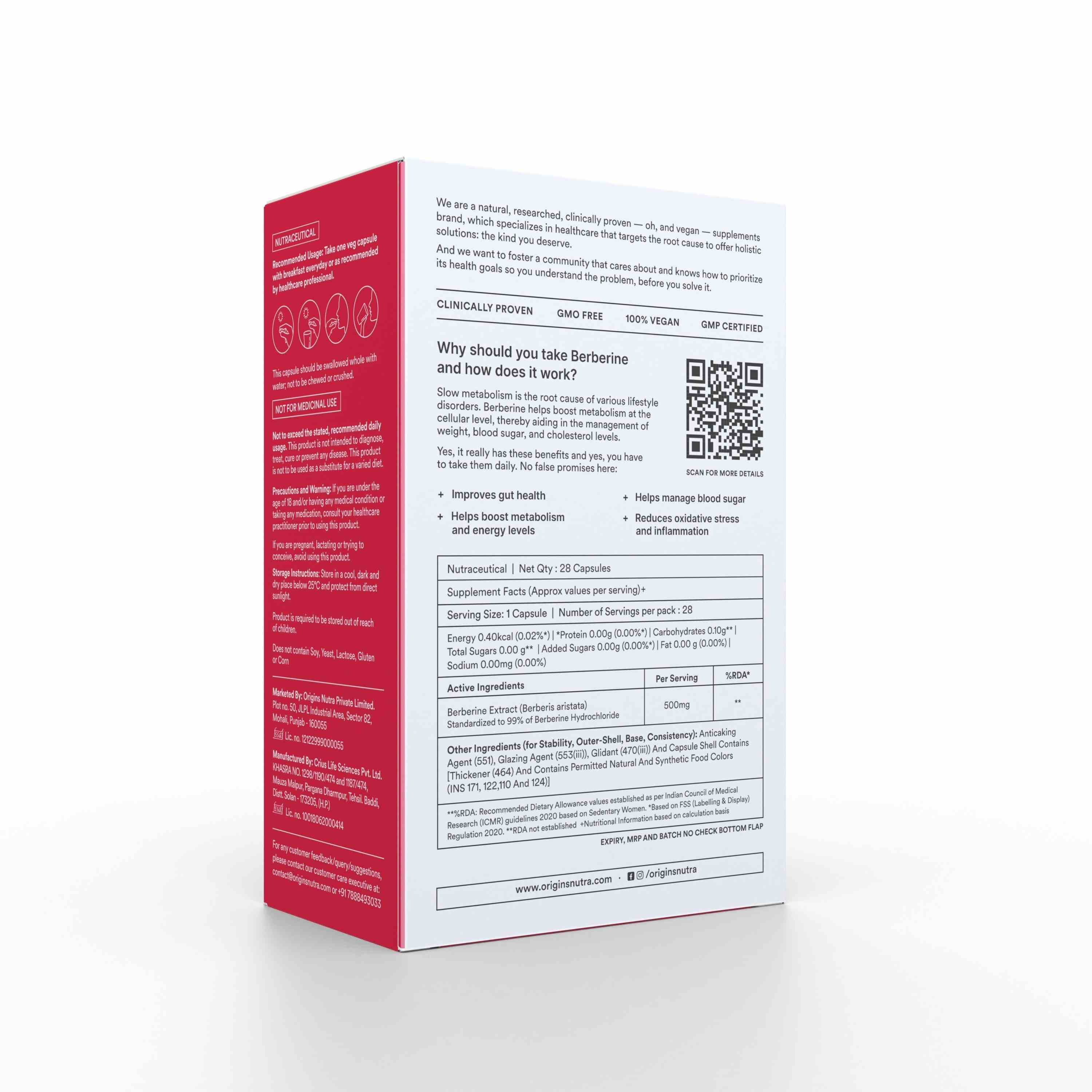 Origins Nutra | Berberine |For Men & Women | 28 Veg Capsules