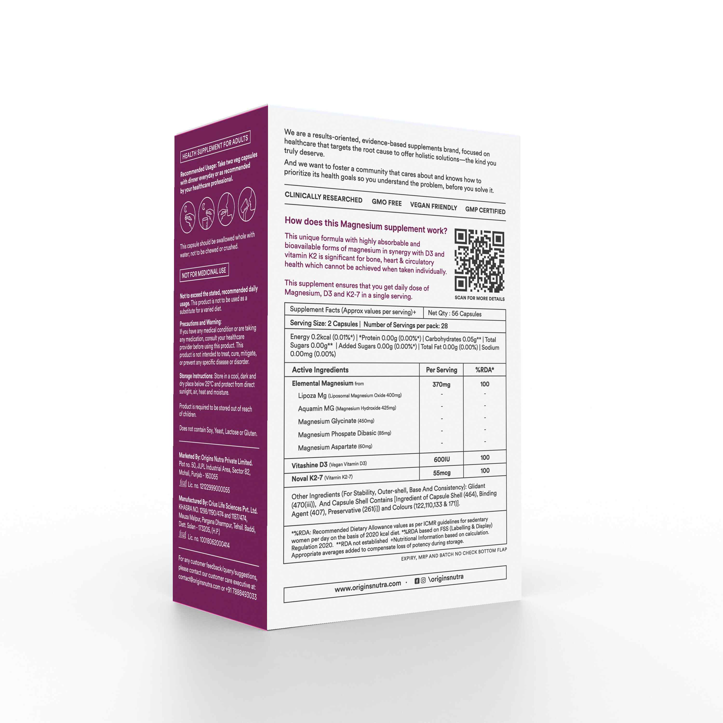 Origins Nutra | Magnesium + D3 + K2-7 for Women | 56 Veg Cap (Pack of 1)