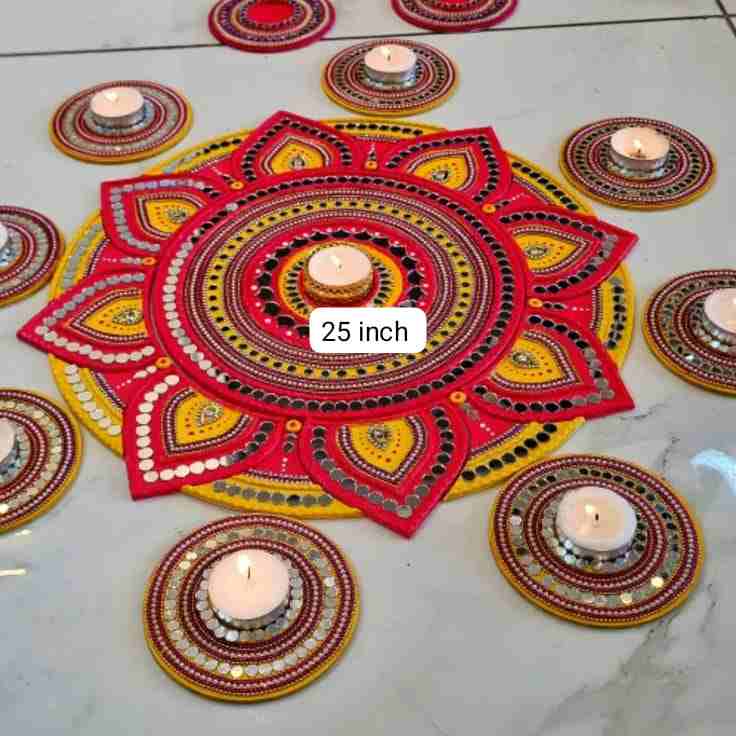 Dot Mandala Rangoli, Handpainted with Mirror work & lipen art Wooden MDF base Rangoli set