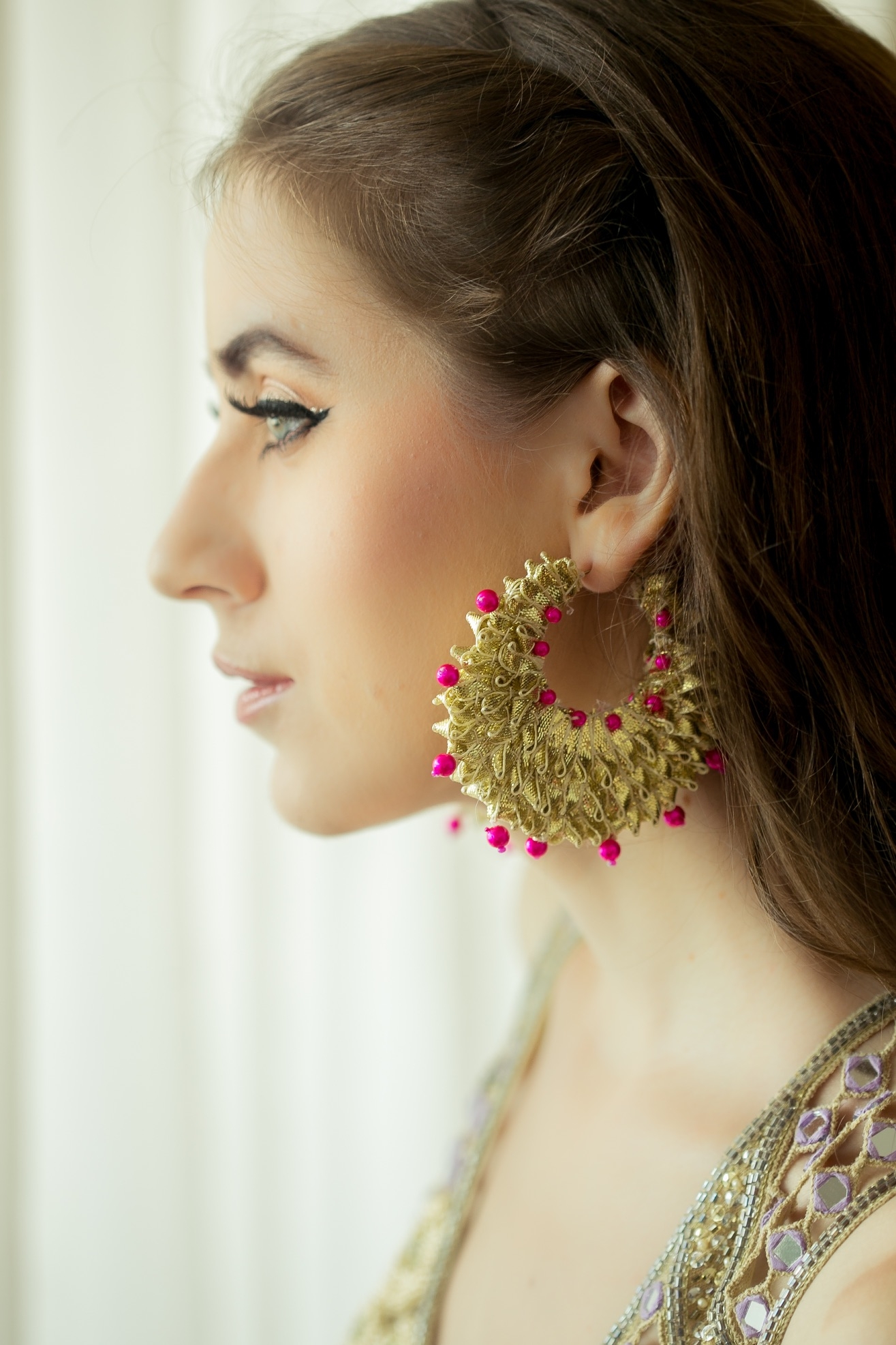 Floral art | Gold Gotta Patti Hoop Earings with Pink Pearls for Women undefined