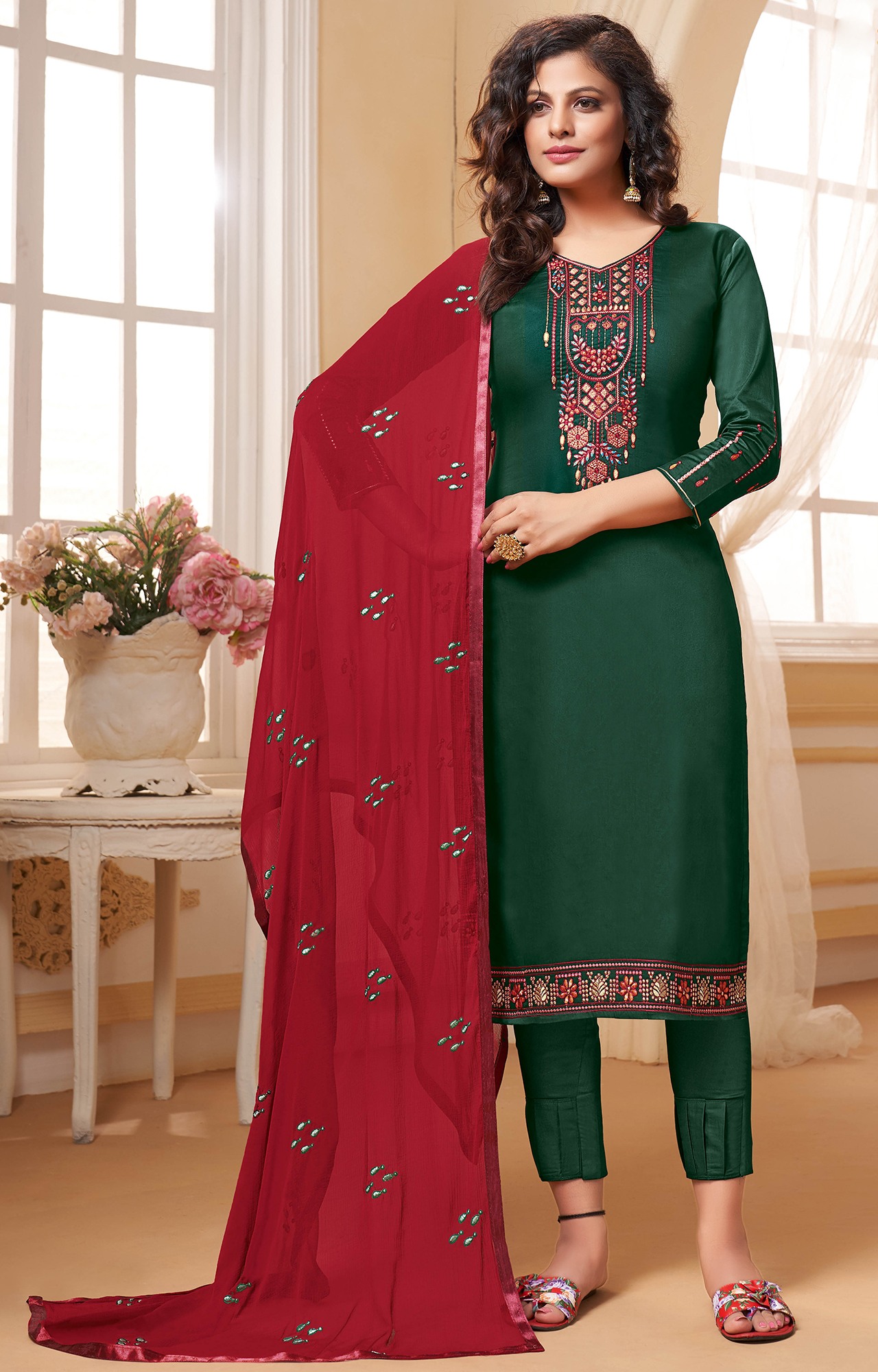 Green Color Cotton Silk Embroidery Unstitched Dress Material-FL_ALBELI1075_DM