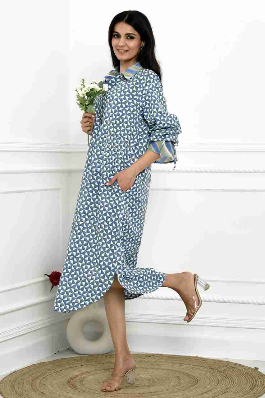 Naksh Blue Geometric Print Long Shirt-Kurta With Pockets