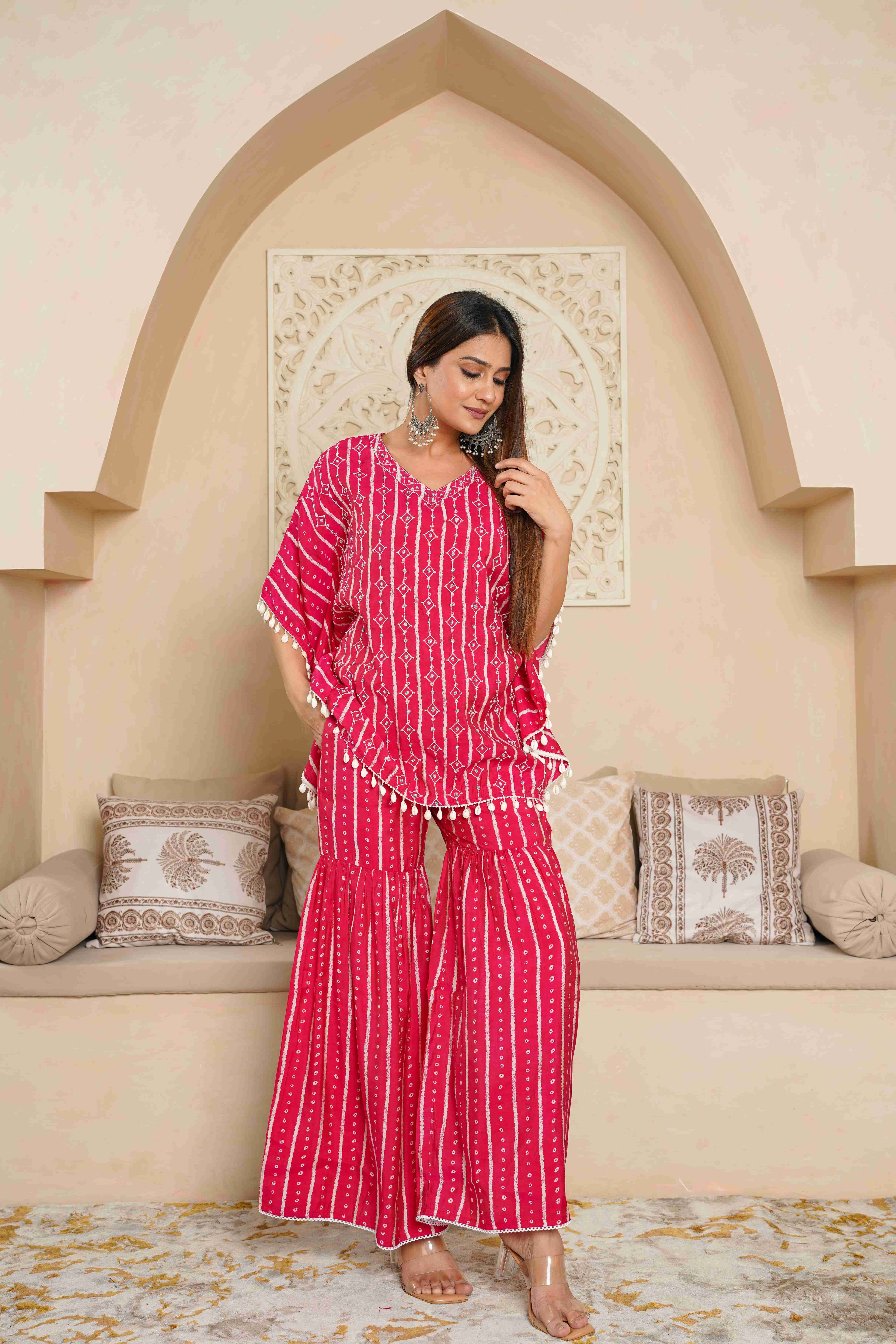 Printed Pink embroidered kaftan top with sharara