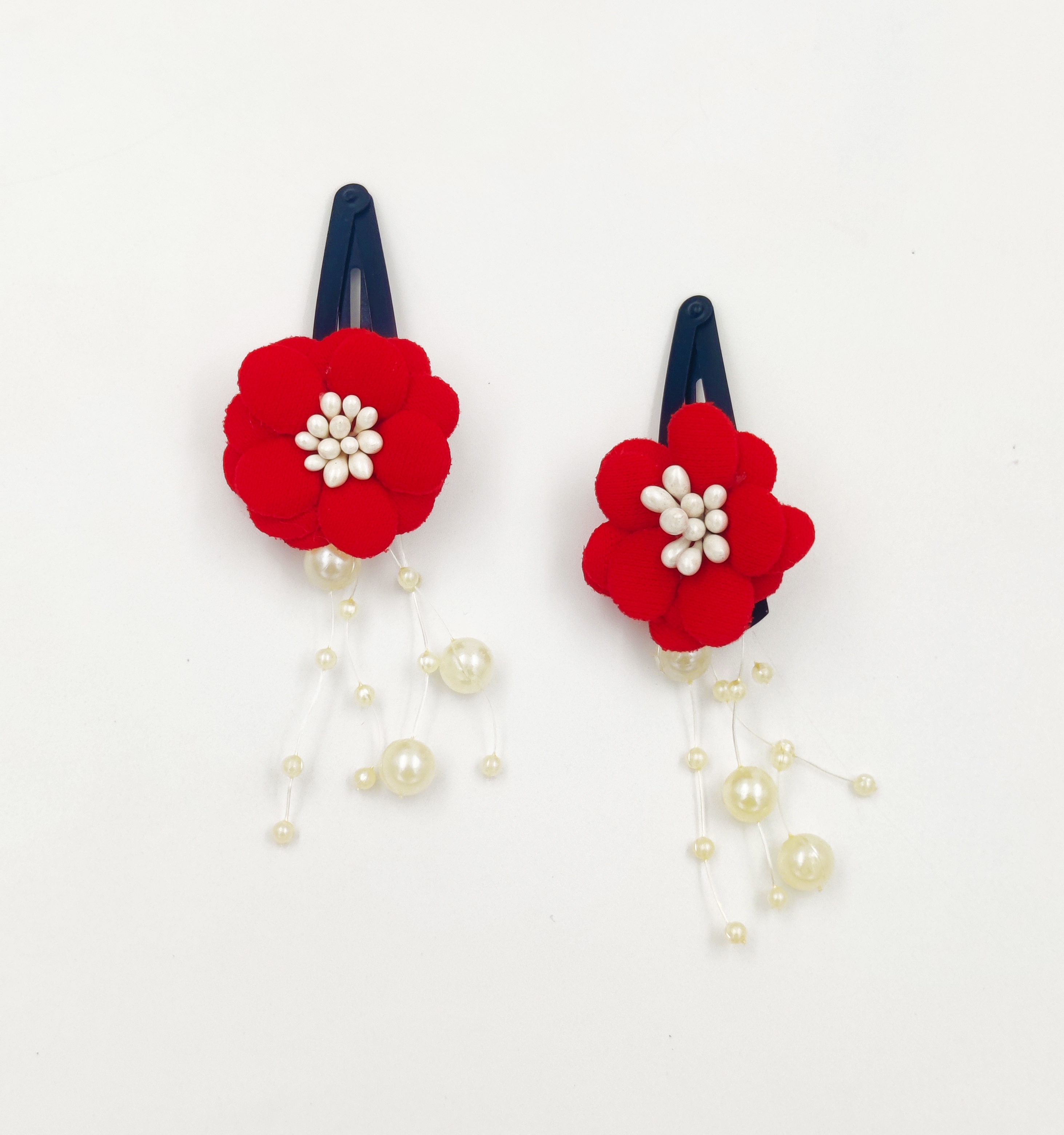 Pearl Dangle Flower Clips - Red