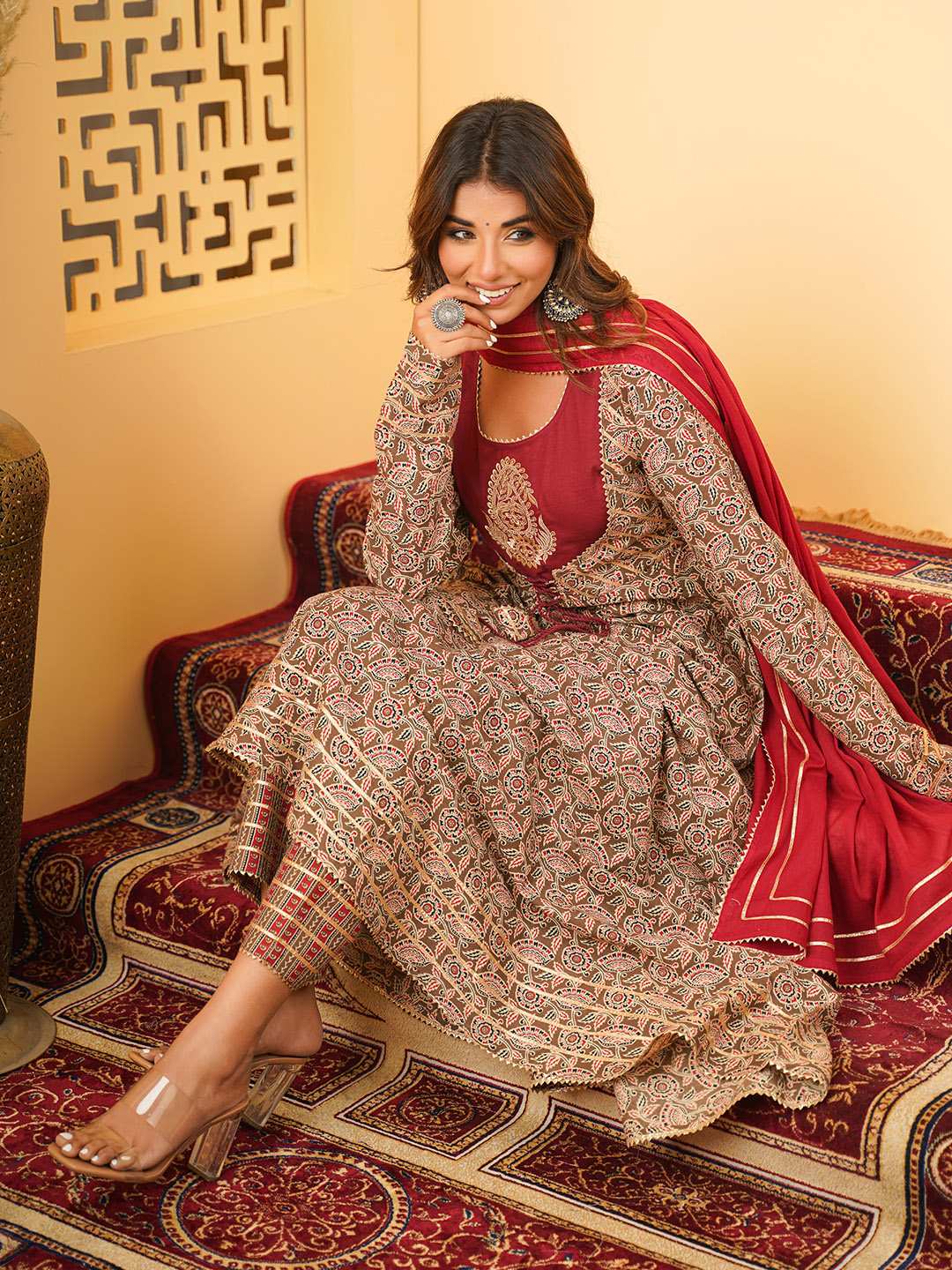 COTTON PRINTED EMBROIDERED ANARKALI KURTA PANT WITH DUPATTA