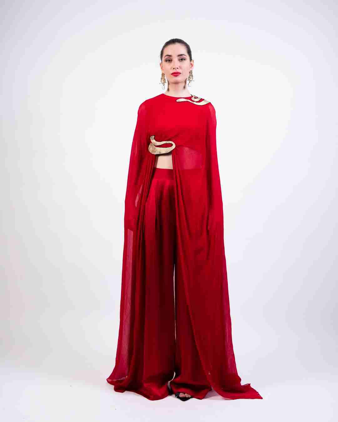 AKOK Red Silk Dupatta Cape with Trouser Co-ords