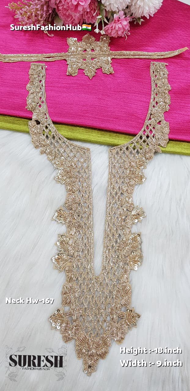 Pearl Gold Royal Handmade Zardosi Cutwork Neck – HW Neck 167