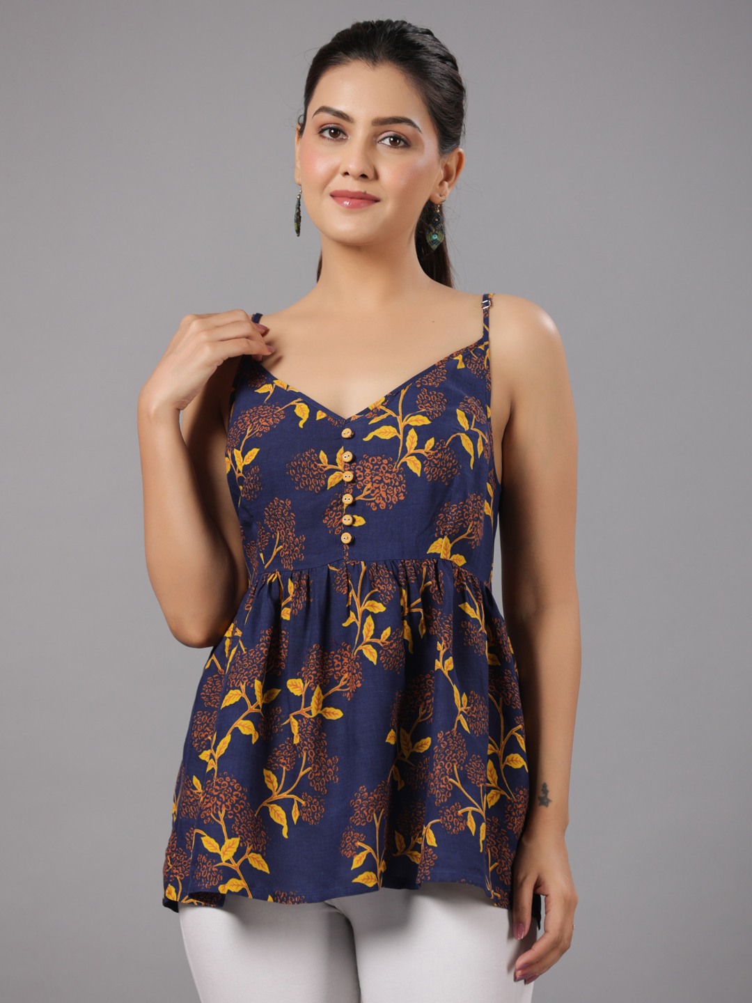 RAYON PRINTED FLARED STRAPPY TOP