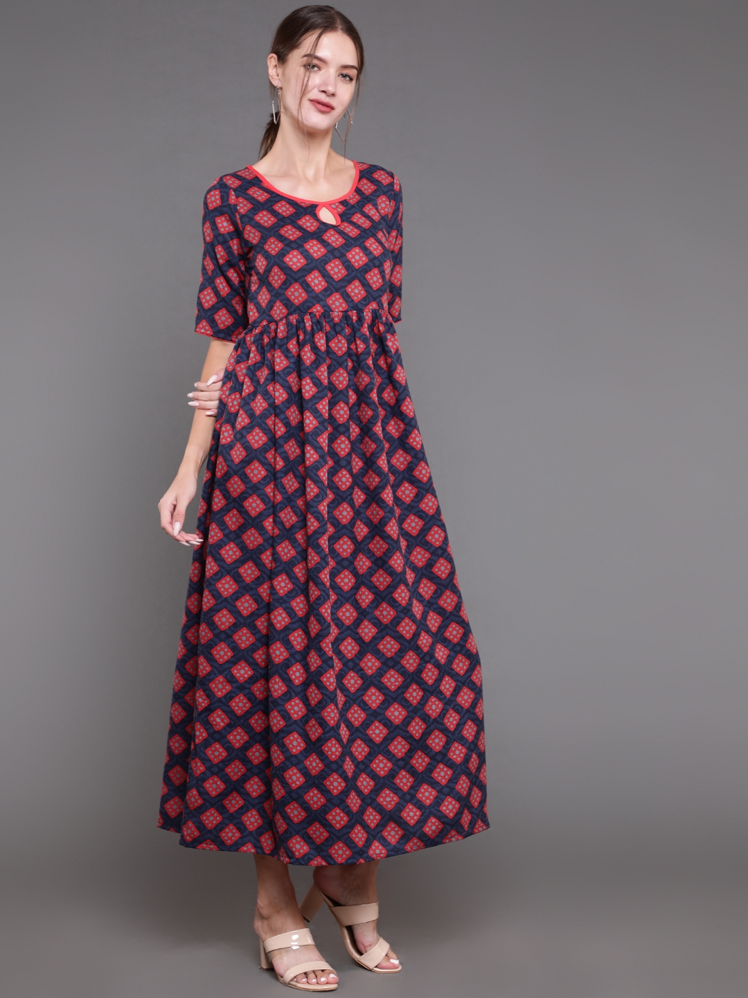 ANTARAN | Geometric Print Cotton Red Dress 1
