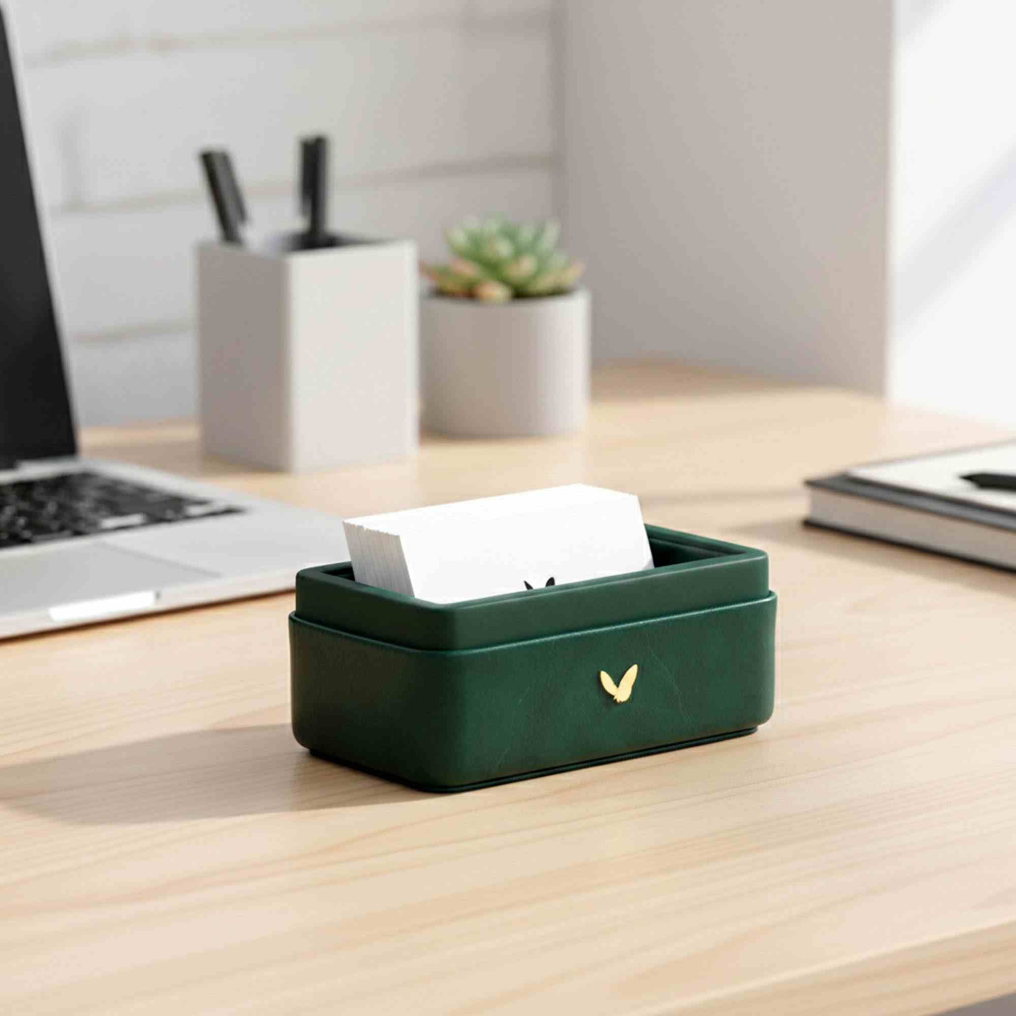 Visiting Card Holder for Desk | Faux Leather | Rectangular | Moderno | Olive Green