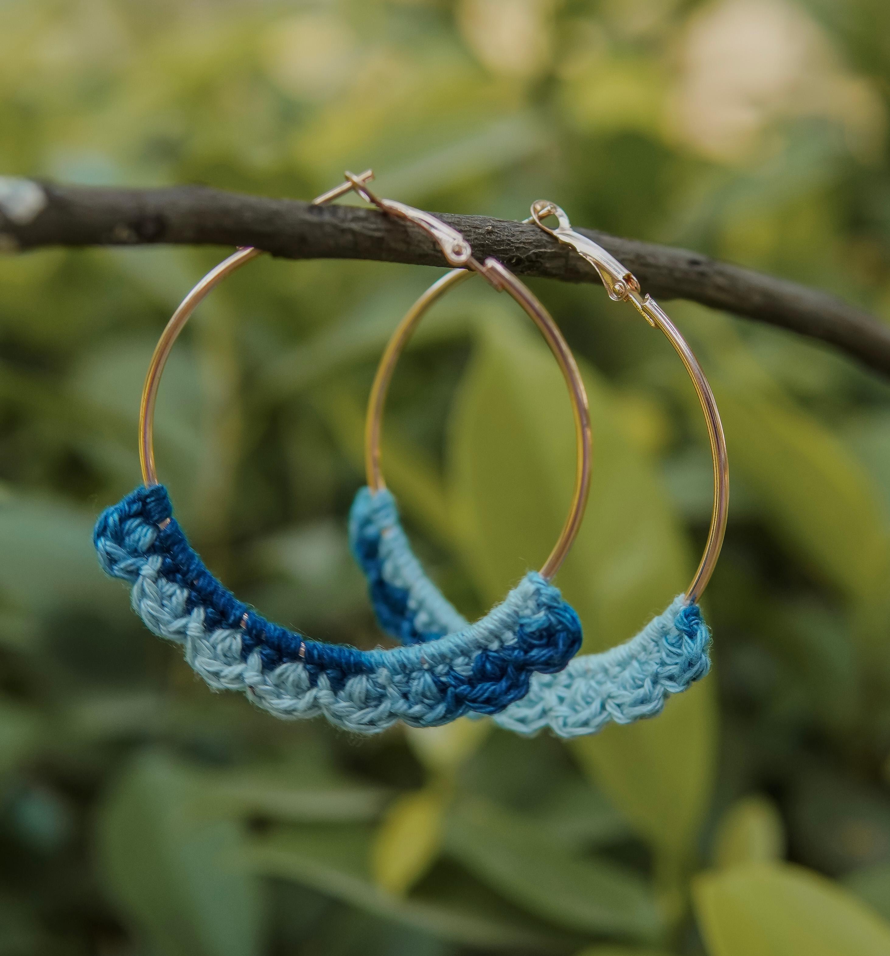 Modern Elegance: Denim Blue Crochet Nazakat Hoops by AHG. Every outfit's essential!