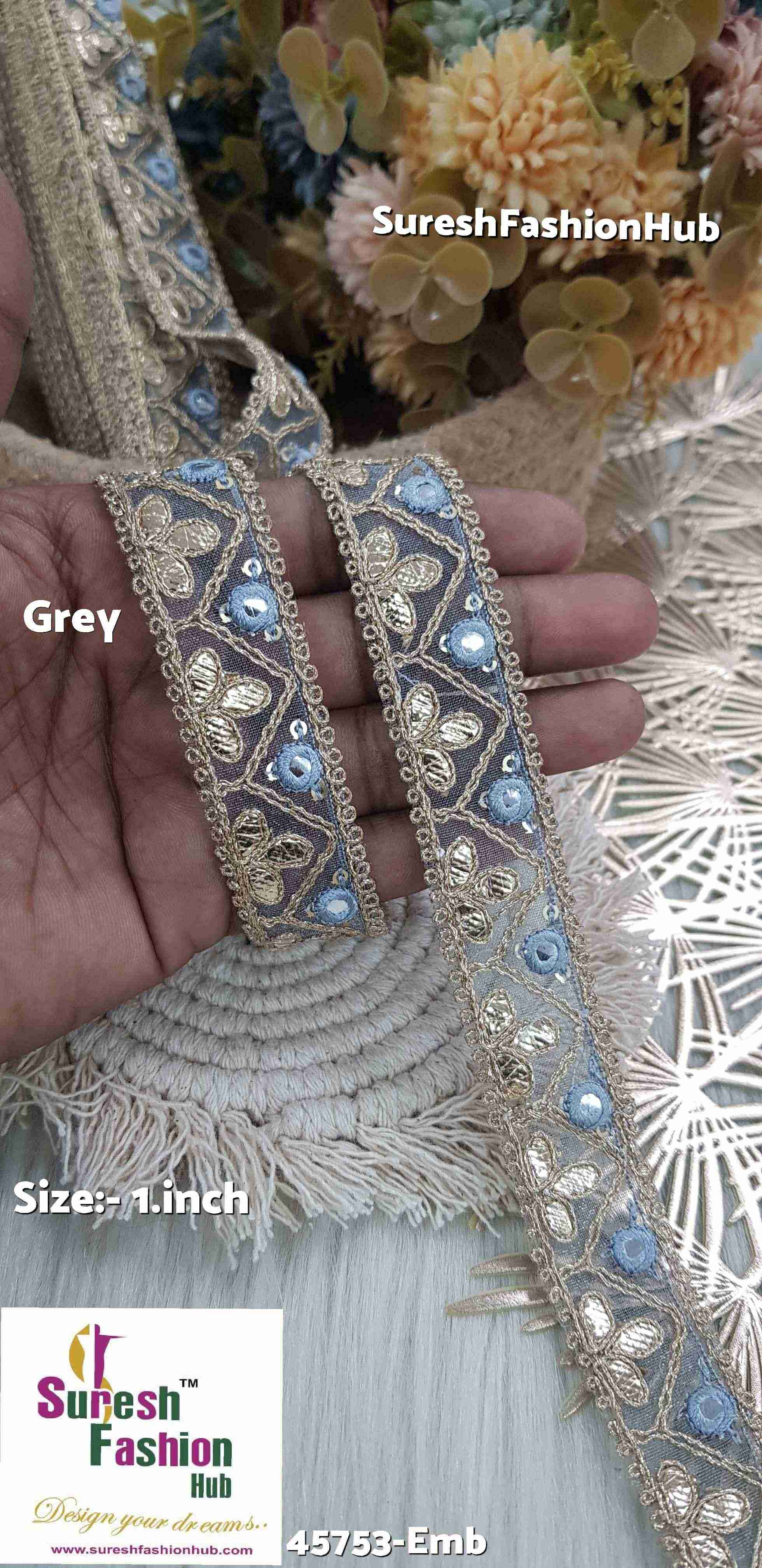 Glimmering Gota and Mirror Embroidered Grey Organza Lace