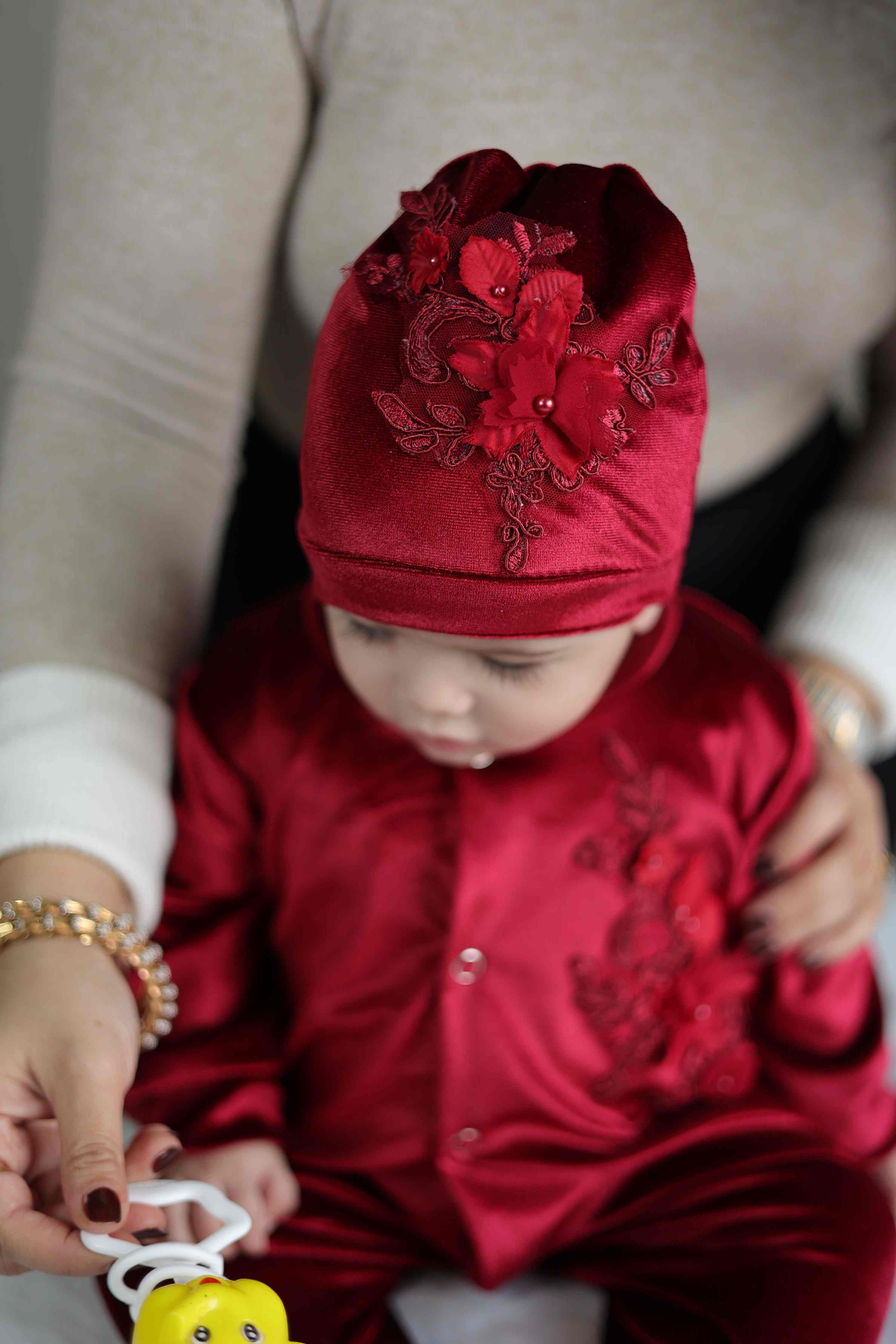 Scarlet Bloom Velvet Baby Set