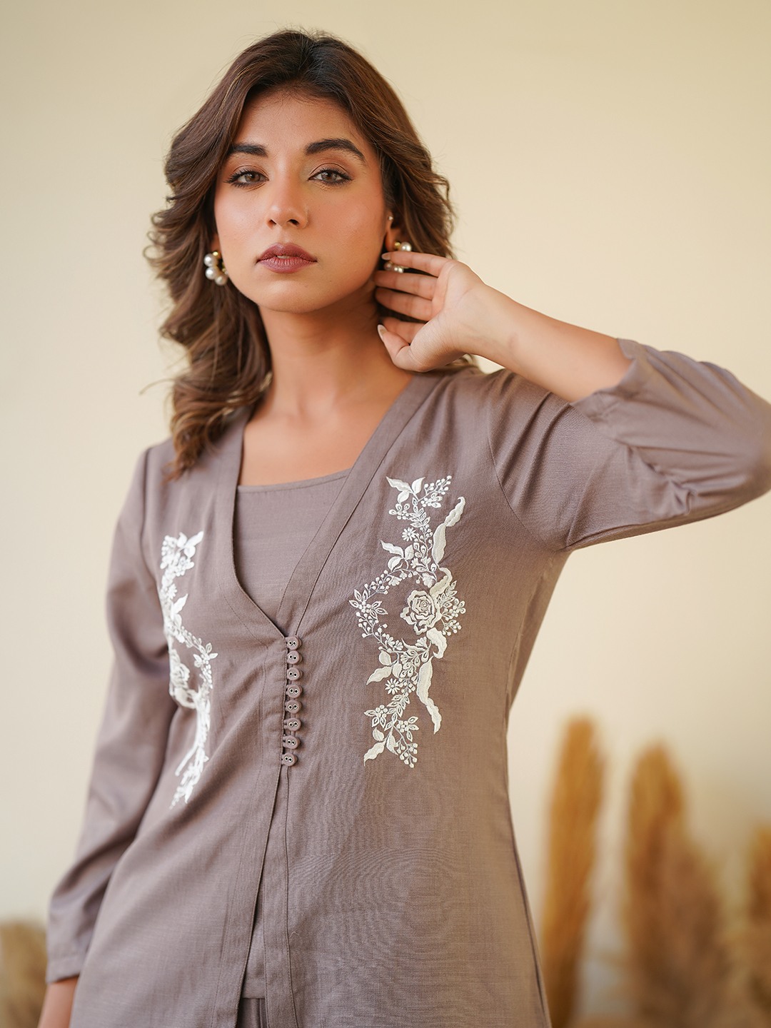 GREY COTTON BLEND EMBRODIERED CO-ORD SET