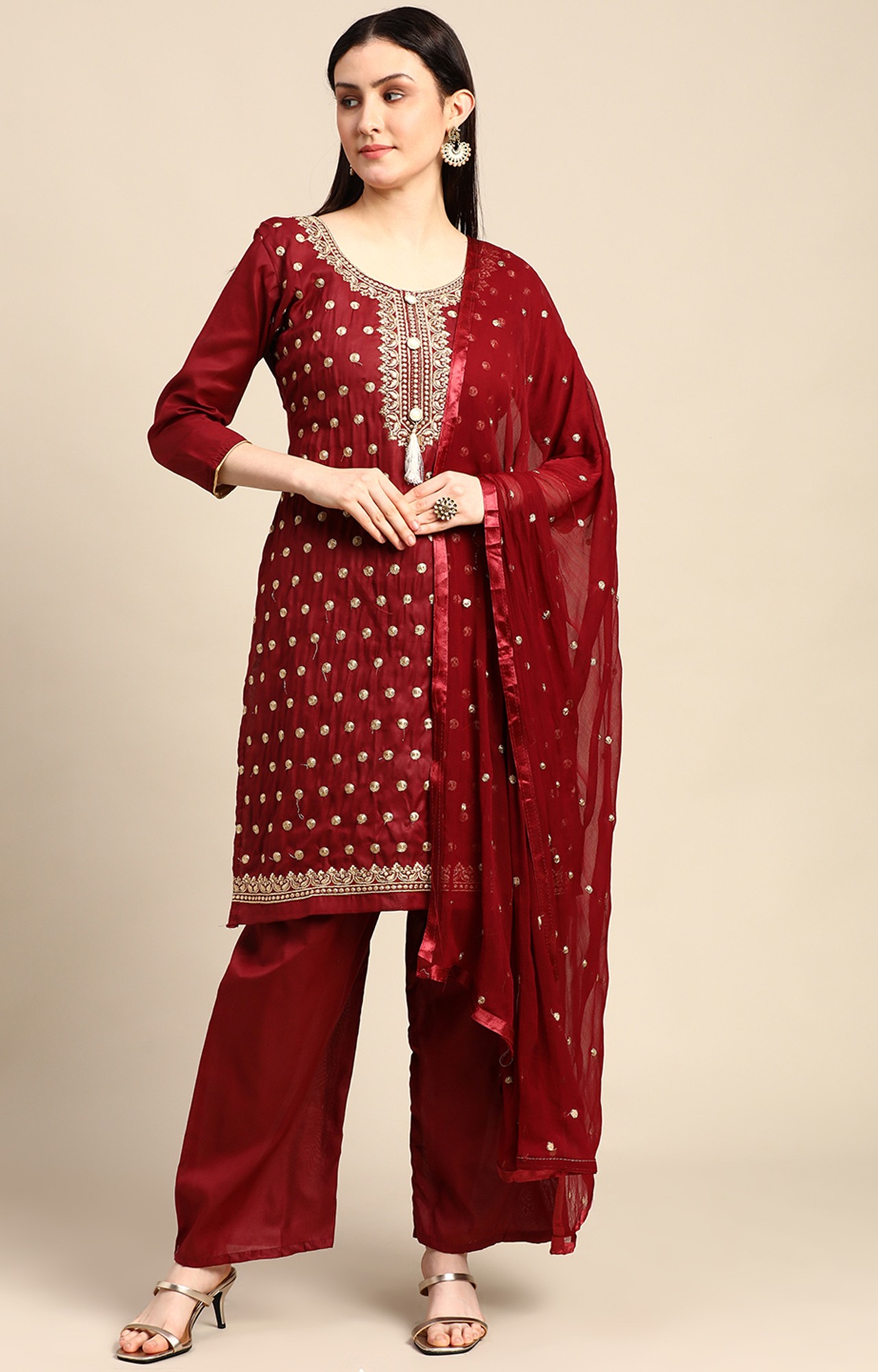 Shaily Women Maroon Color Cotton Embroidered With Tessels Unstitched Dress Material-VF_JALGALU_MRON_DM