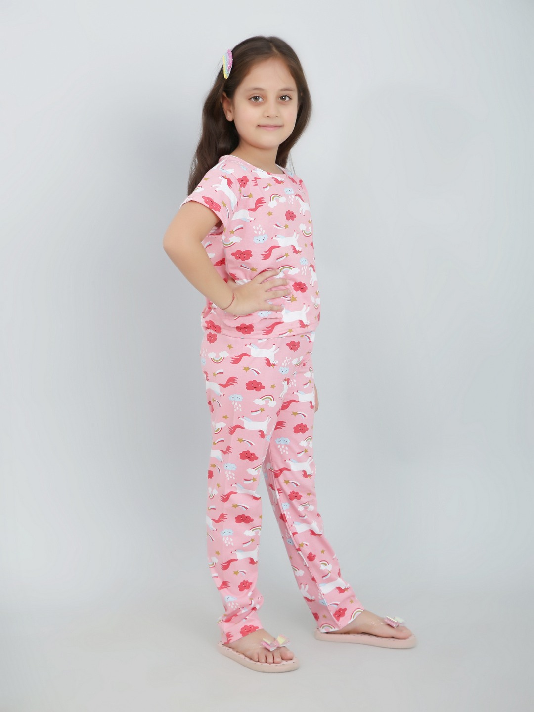 Ninos Dreams Girls Cotton Half Sleeves Coord set Unicorn Printed with Lower - Pink