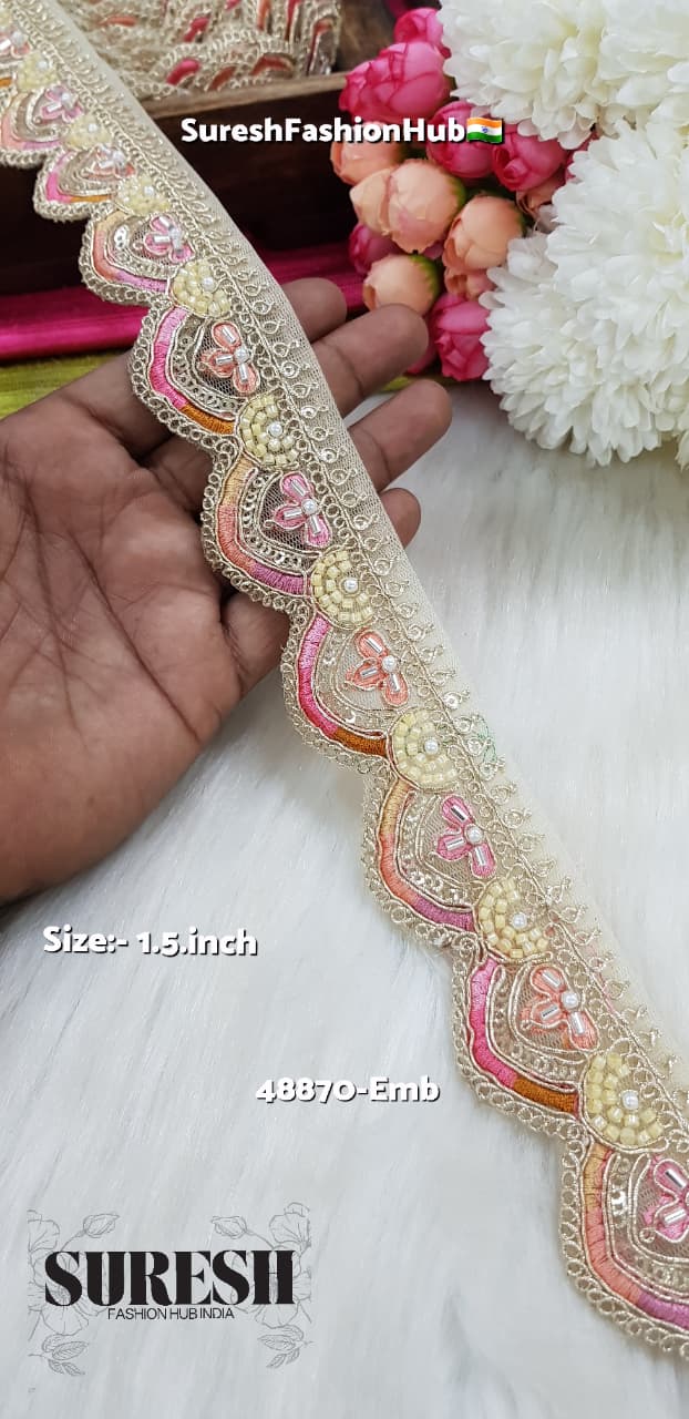 Cream Floral Beads & Thread Embroidery Lace – 48870-EMB