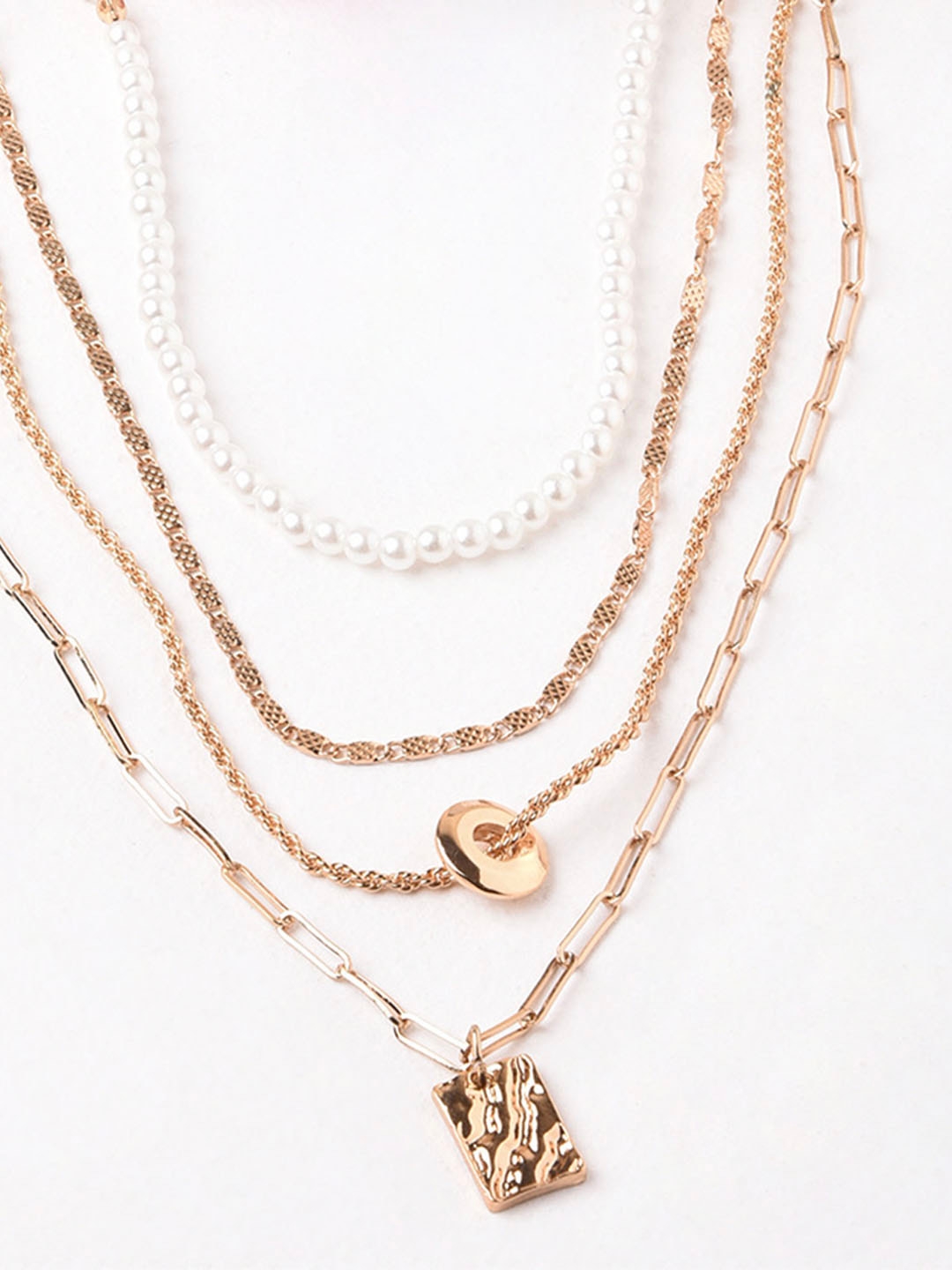 Lilly & sparkle | Lilly & Sparkle Gold Toned Four Layered Pearl Neckalce With Hammered Geometric Charm 3