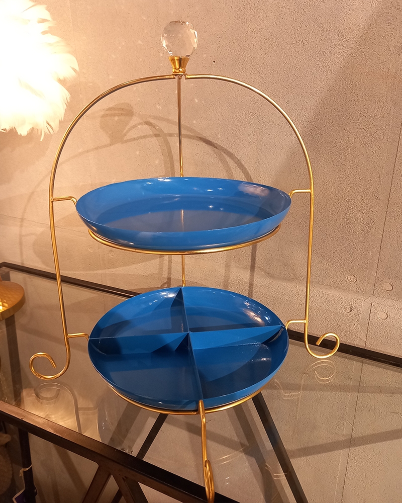 Order Happiness | Order Happiness Blue & Gold Metal 2 Tier Platter Stand Serving Cake Stand Platter For Home Decor 0