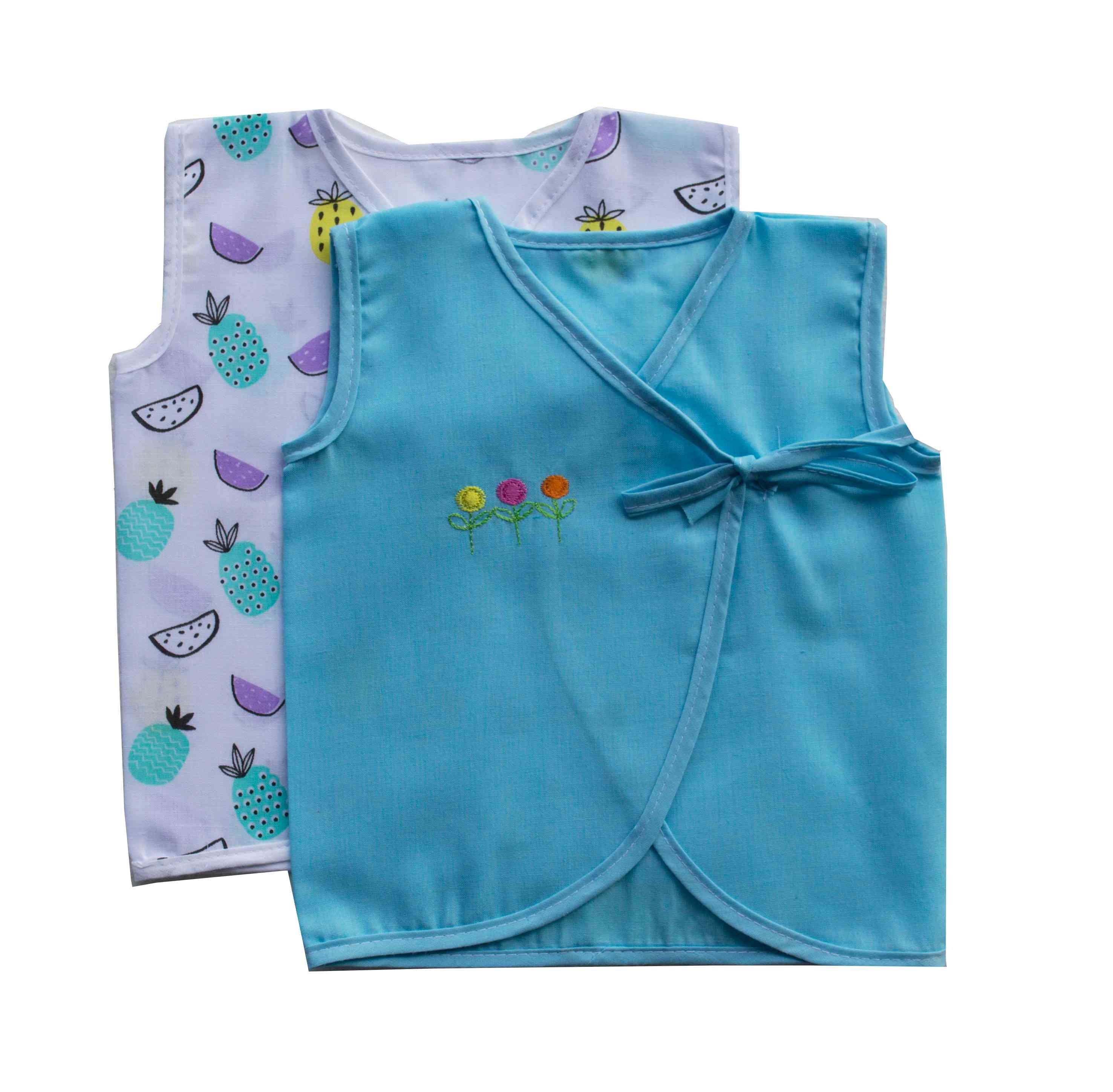 Plain Blue Jhabla & White Fruits Printed Jhabla 2 pc Combo (100% Cotton)