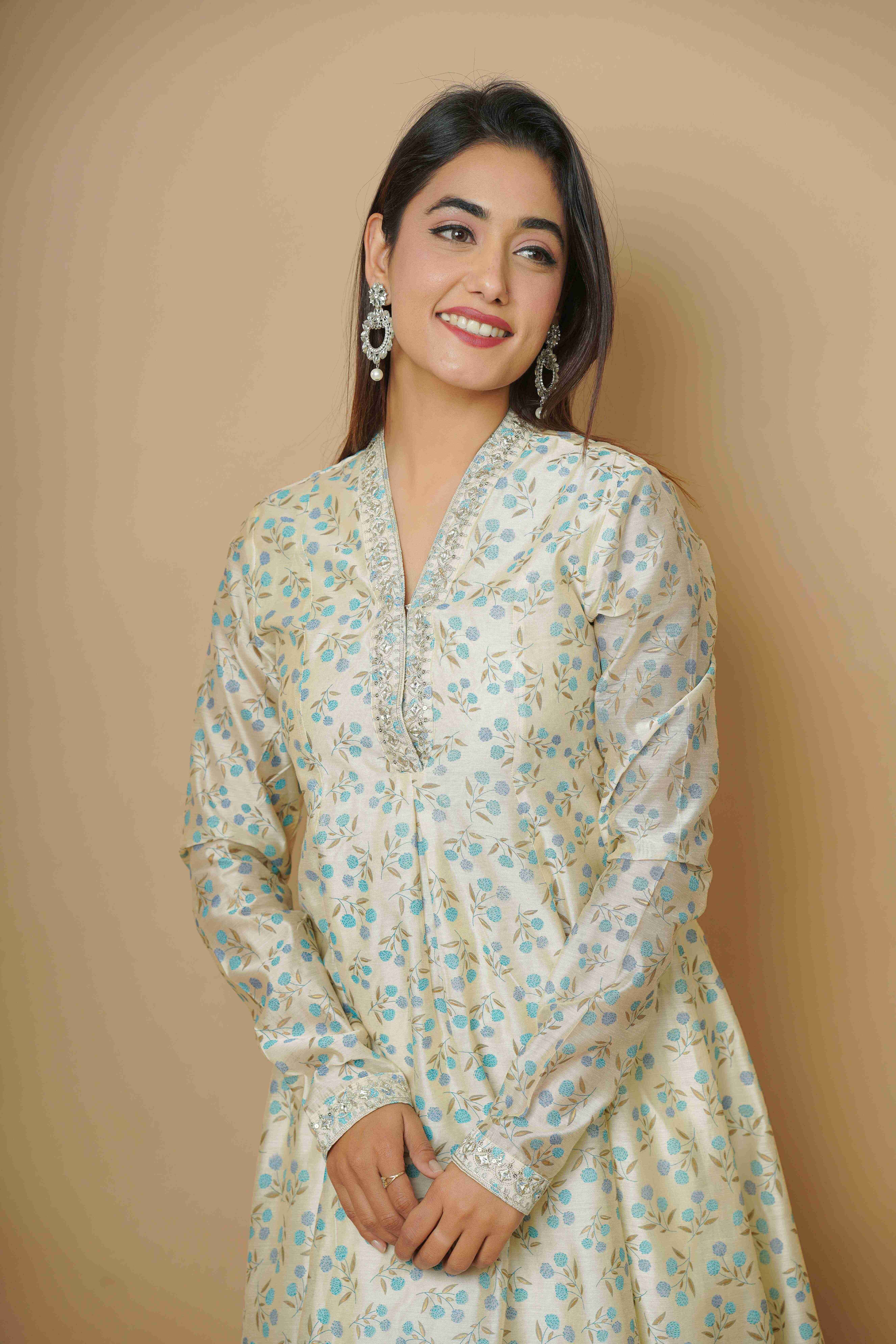 BEIGE EMBROIDERED PARTY WEAR KURTA SET