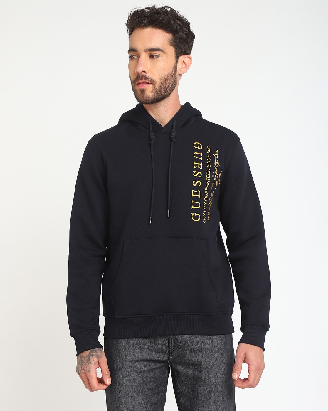 Men's Black Polycotton Embroidered Regular Fit Hooded Neck Full Sleeve Sweatshirt