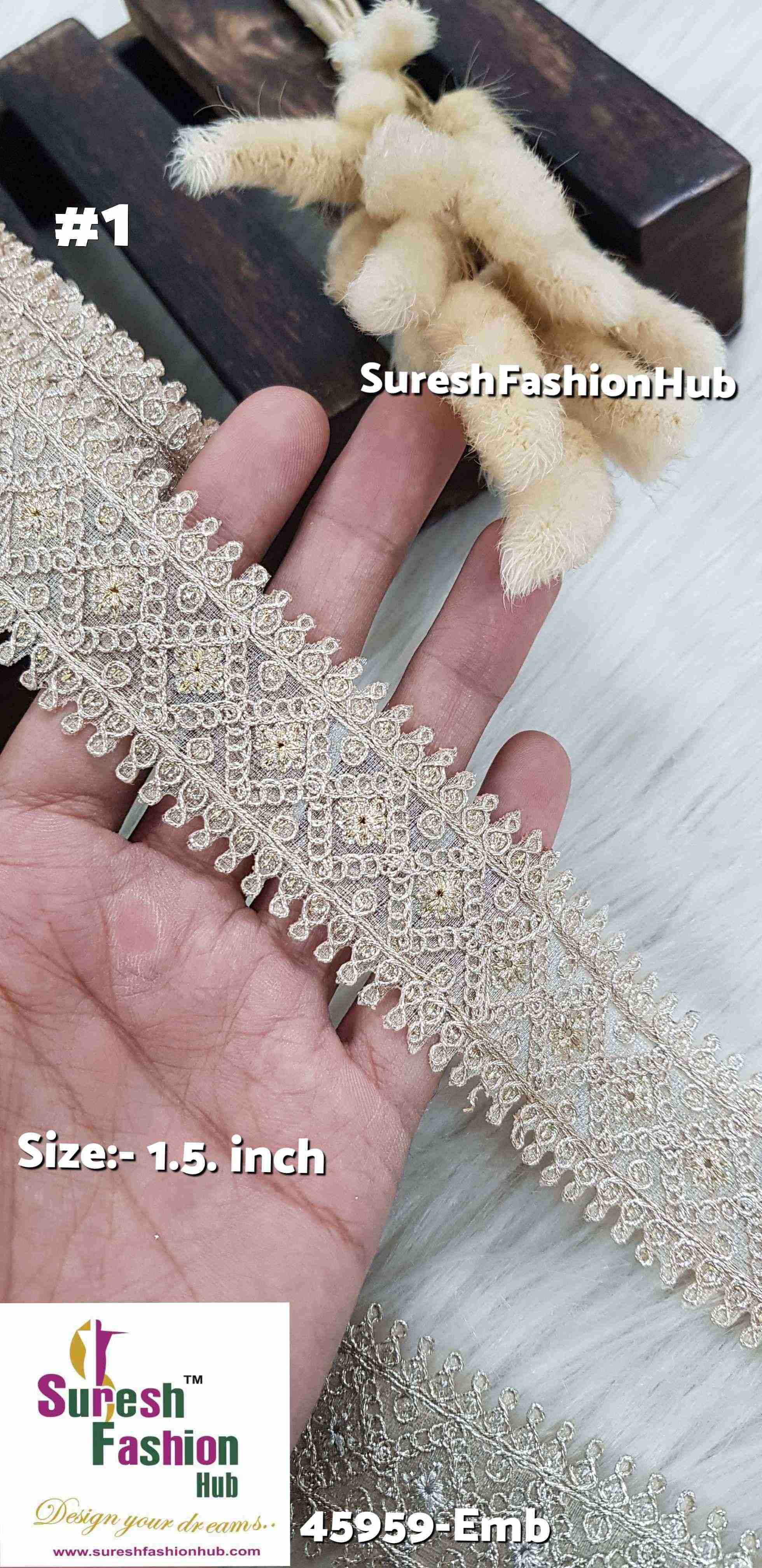 Here are some SEO-optimized ALT text suggestions for your lace products:  1. "Luxurious Pearl Shade Jhalar Lace - Glitter Embellished Trim" 2. "Machine-Made Scalloped Lace - Elegant Border for Sarees" 3. "Gota and Zari Lace for Sarees - Traditional Ethnic Embellishment" 4. "Decorative Jhalar Lace with Glitter Dori - Fe