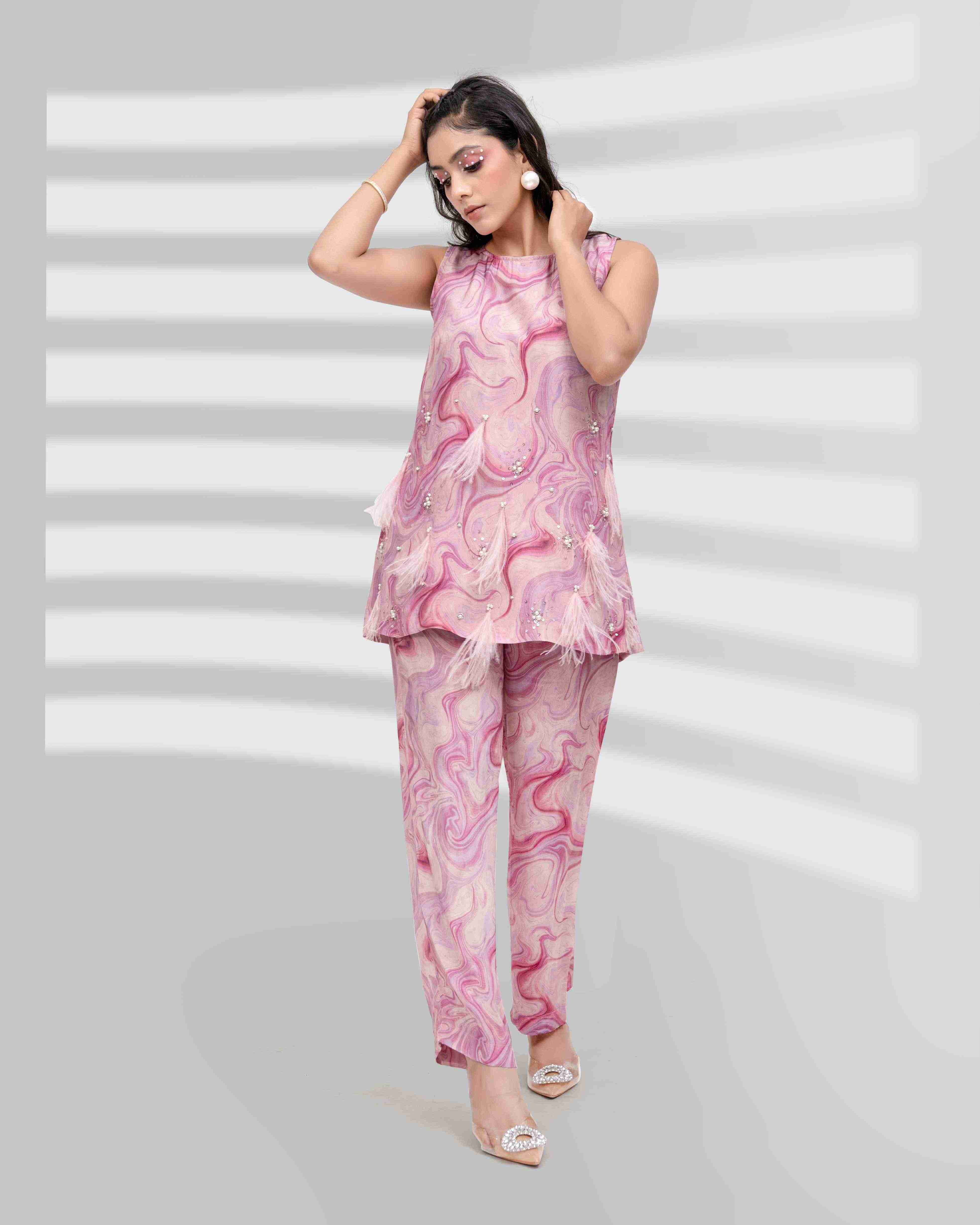 Pink Marbled Embellished Coord Set