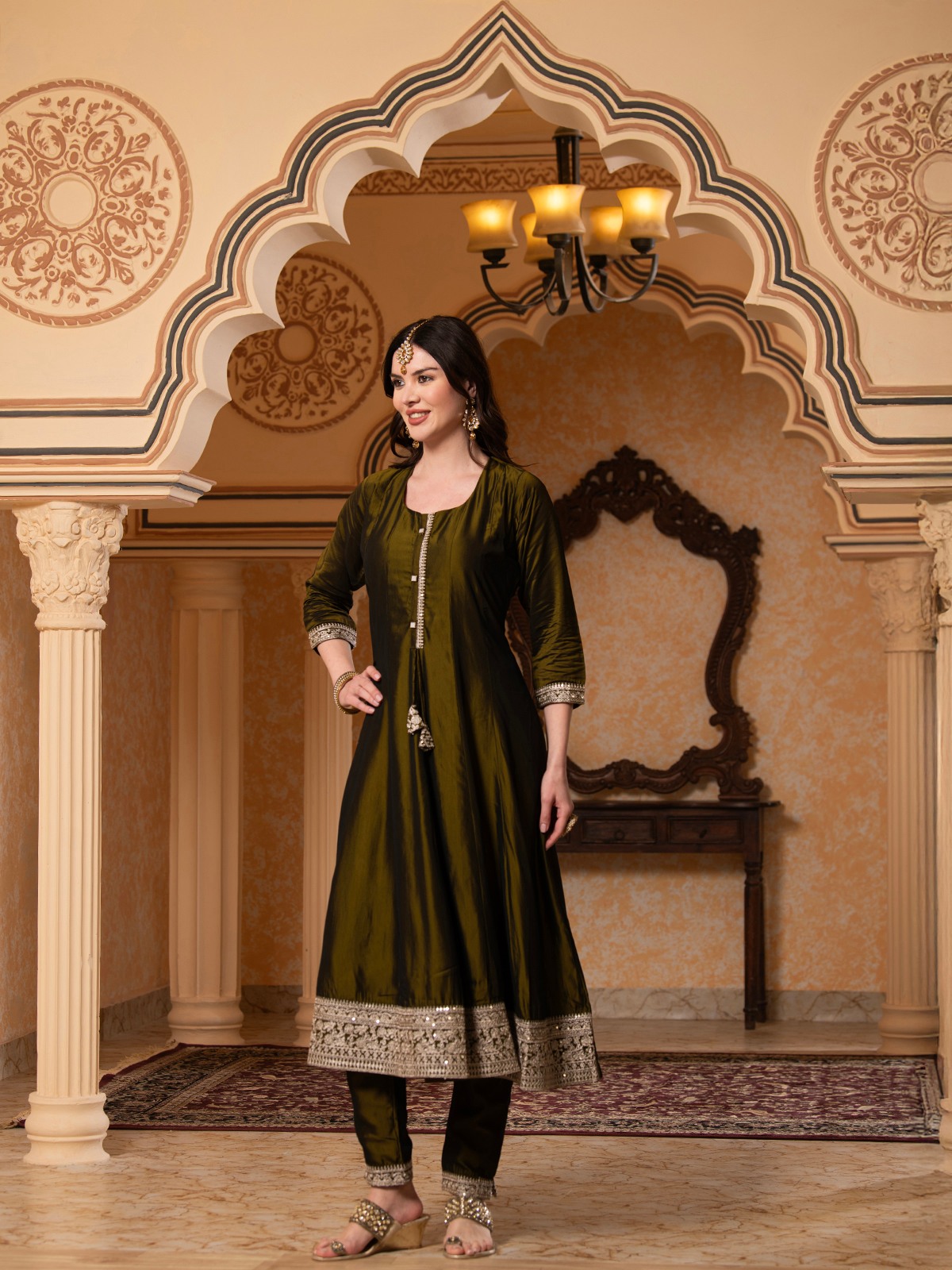 ALBION FANCY LADIES ETHNIC OLIVE KURTI SET