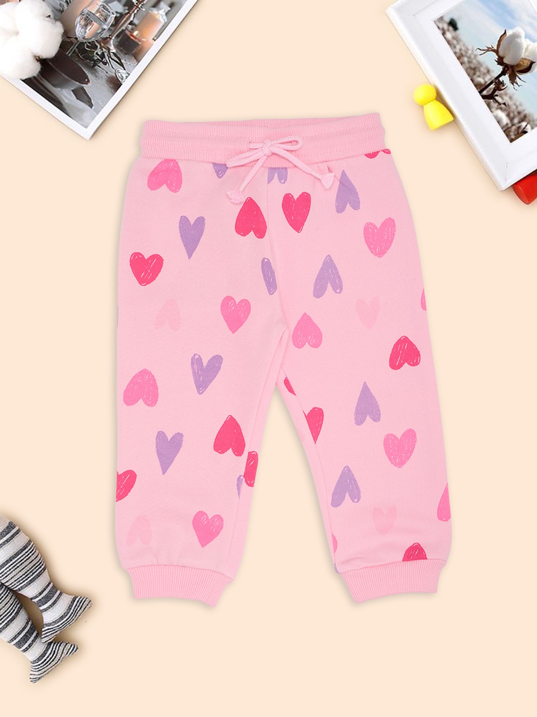 Pink Heart Print Casual Joggers