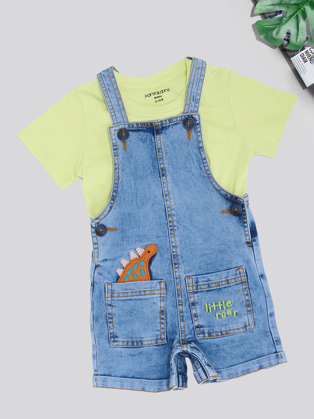 Blue Dinosaur Embroidered Denim Dungarees & Solid T-Shirt Set