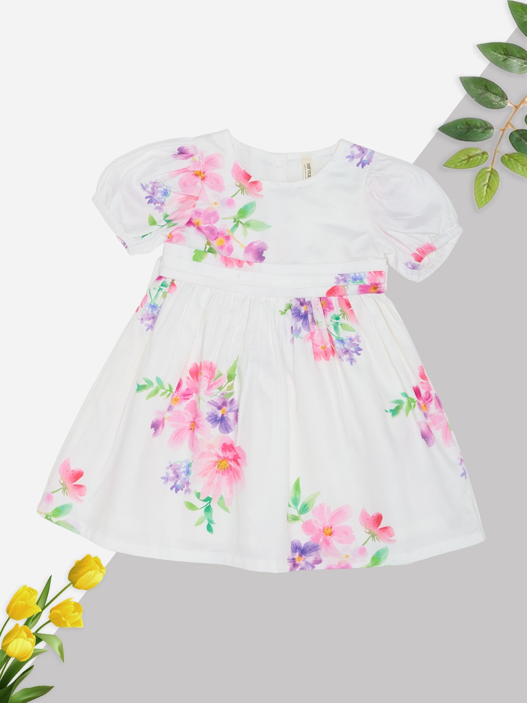 White Floral Print A-line Dress with Puffed Sleeves