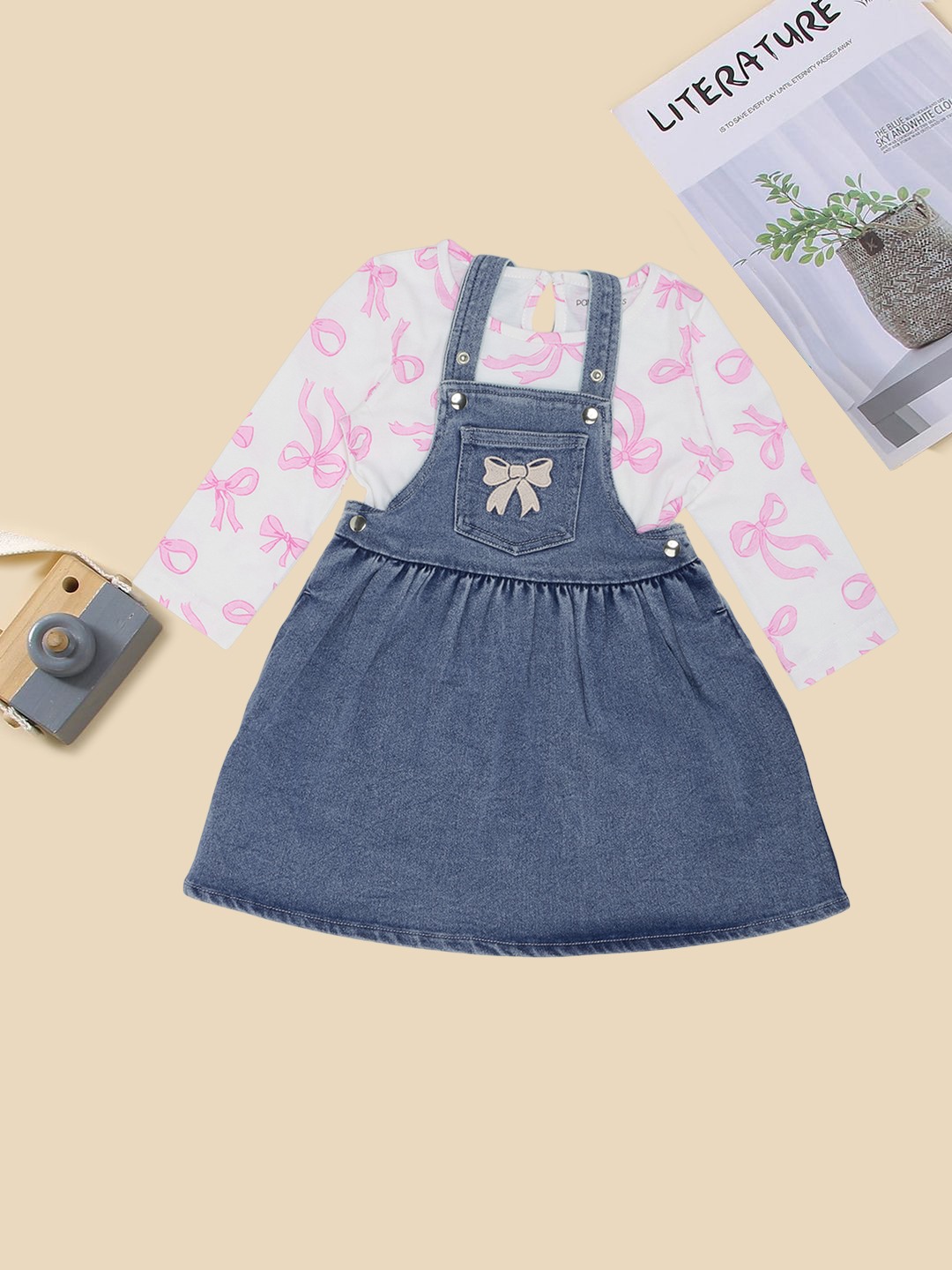 Blue Denim Dungarees & Bow Print T-Shirt
