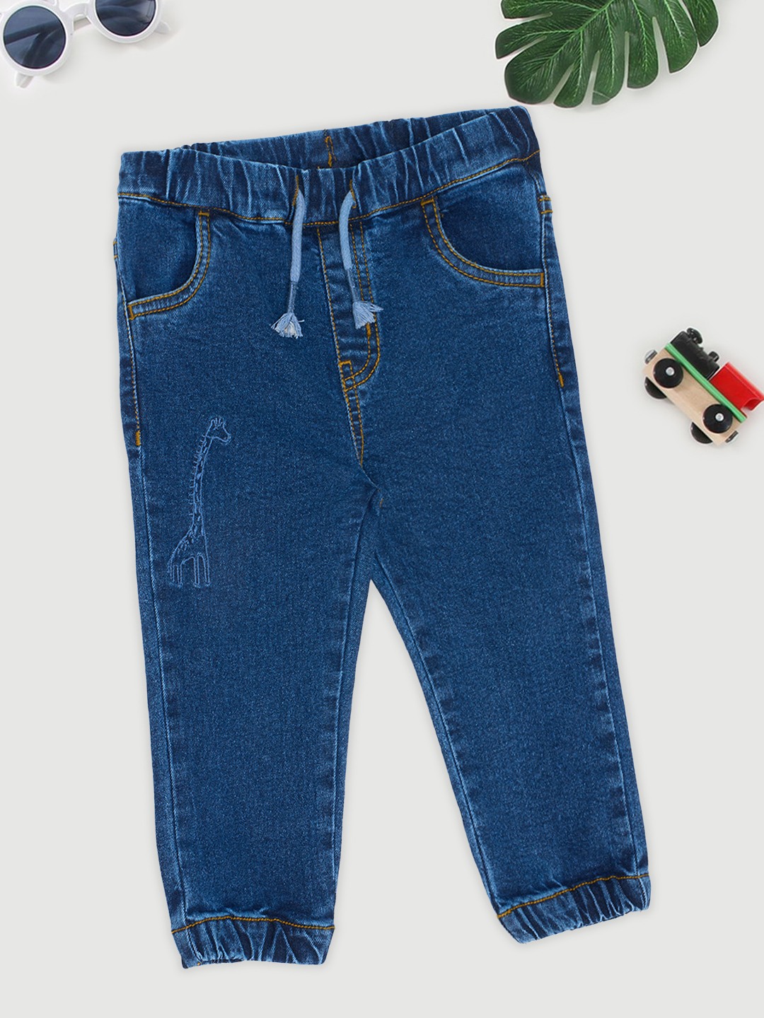 Blue Giraffe Embroidered Washed Joggers