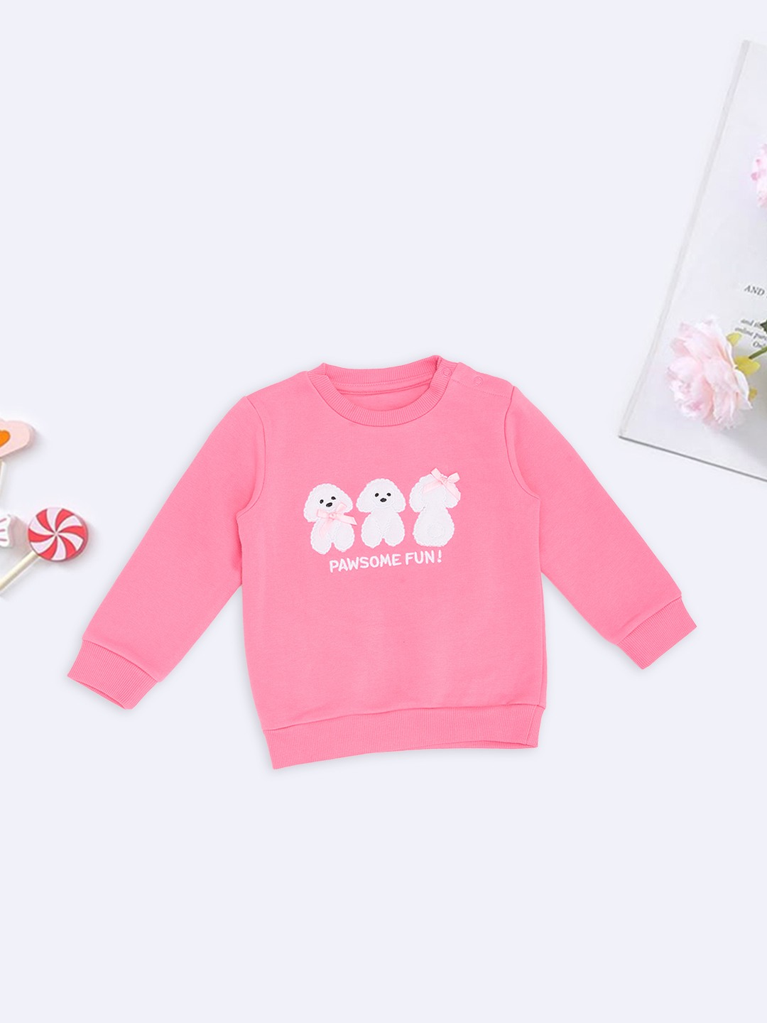 Pink Solid Sweatshirt with Dog Applique