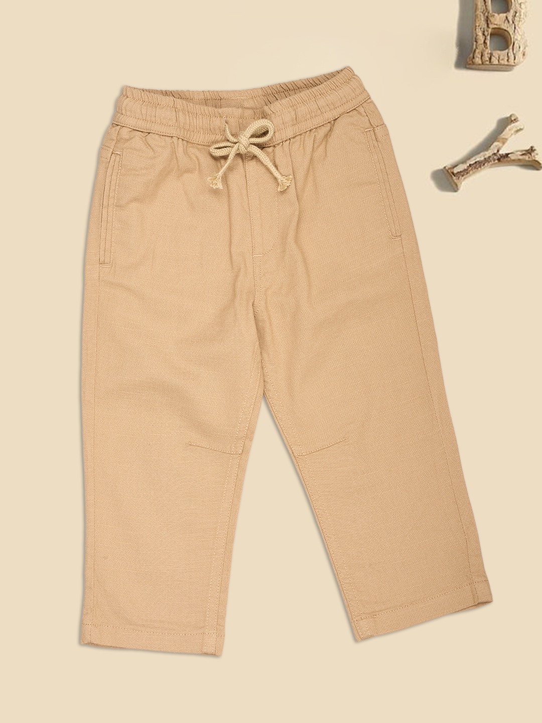 Beige Solid Drawstring Pants