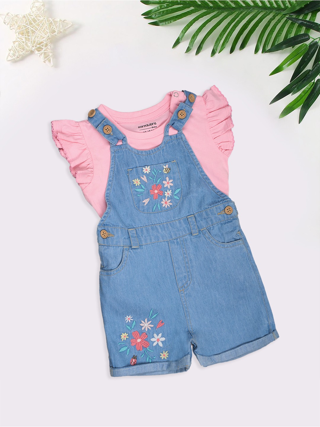 Pink Ruffle Sleeve Top & Floral Embroidered Denim Dungarees Set