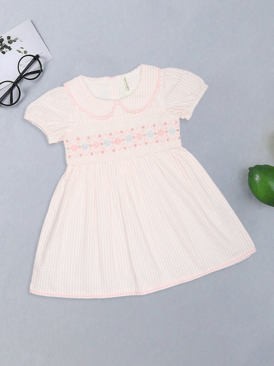 Pink Seersucker Smocked Floral Embroidered Dress