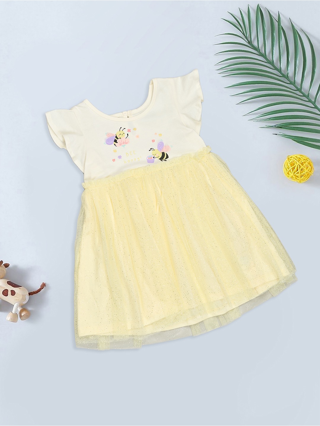Yellow Bee Print Mesh Overlay Dress