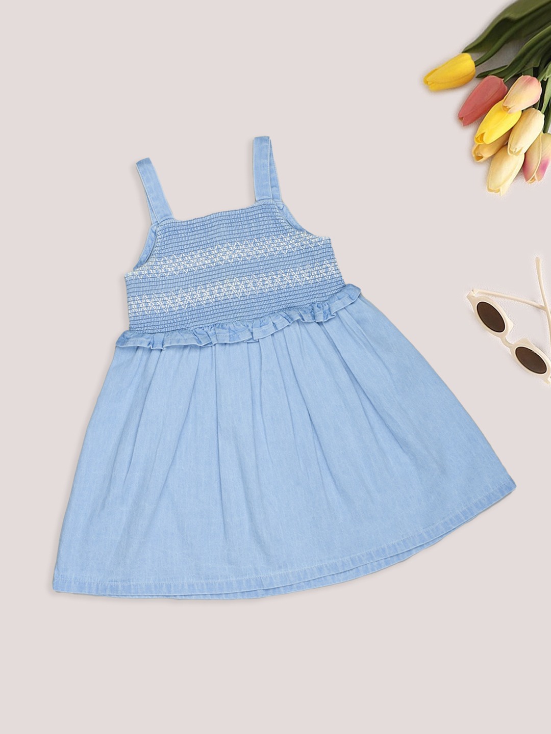 Light Blue Smocked Sleeveless Denim Dress