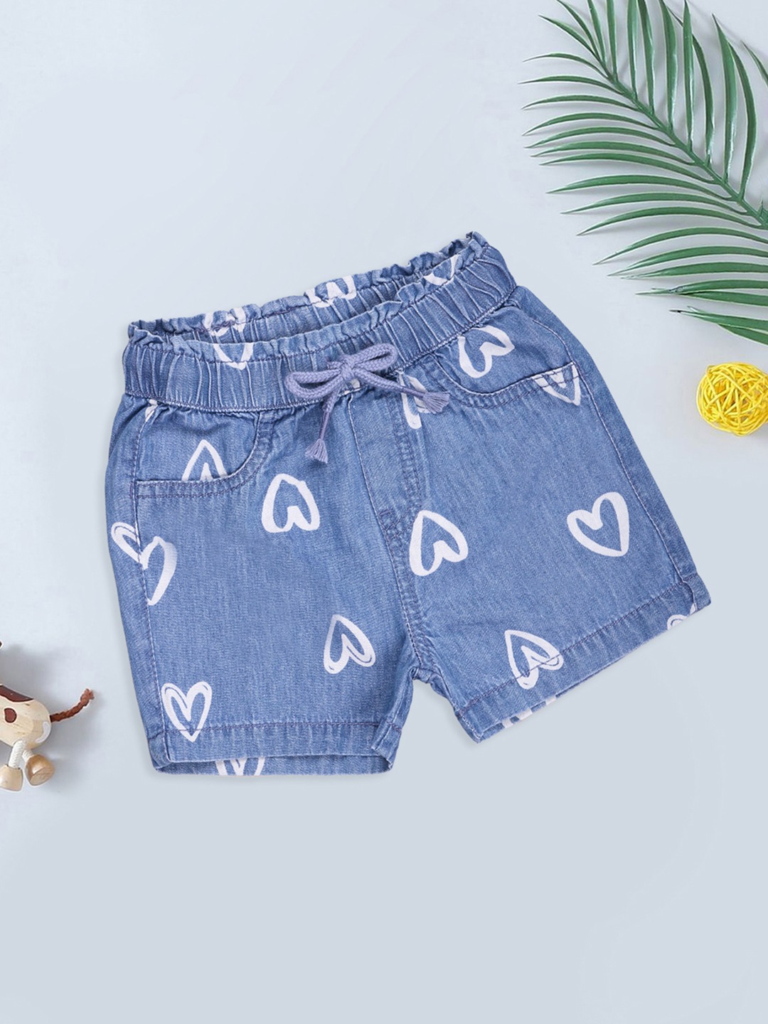 Blue Heart Print Washed Denim Shorts