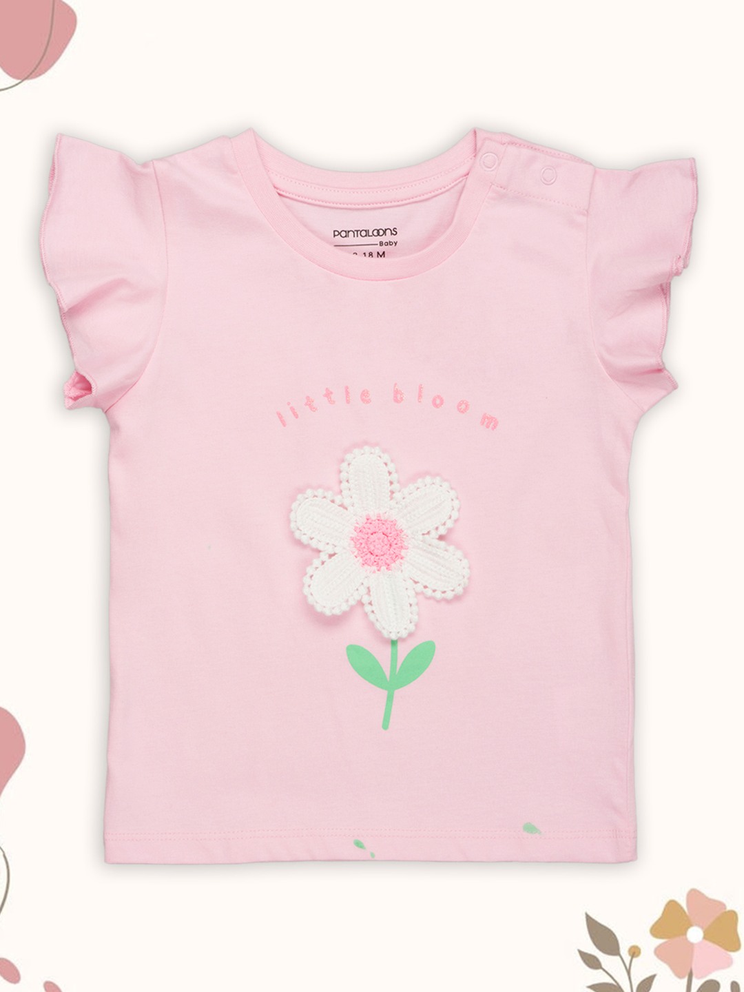 Pink Floral Appliqué Flutter Sleeve T-Shirt