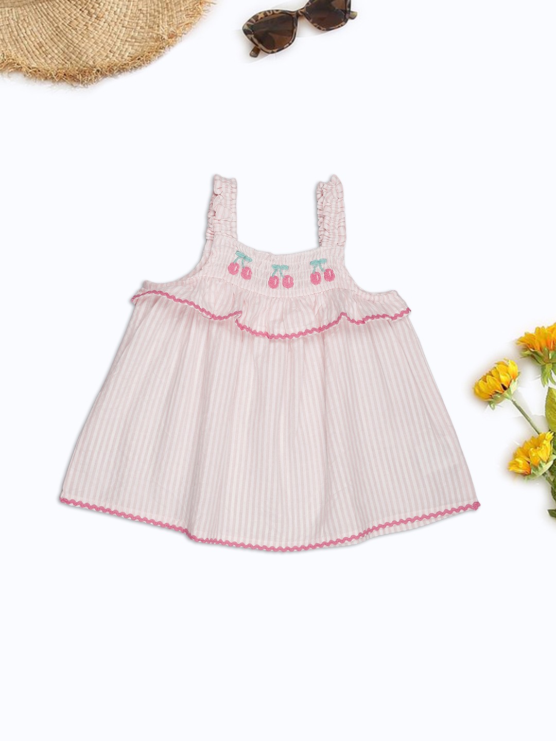 Pink Striped Cherry Embroidered Top