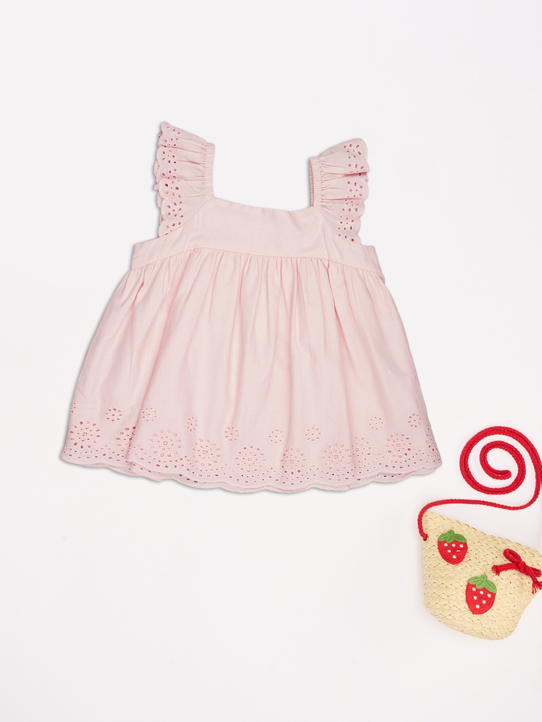 Pink Broderie Flutter Sleeve Top