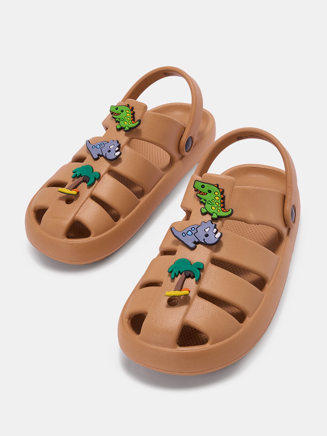 Brown Solid Clogs with Multicoloured Charms