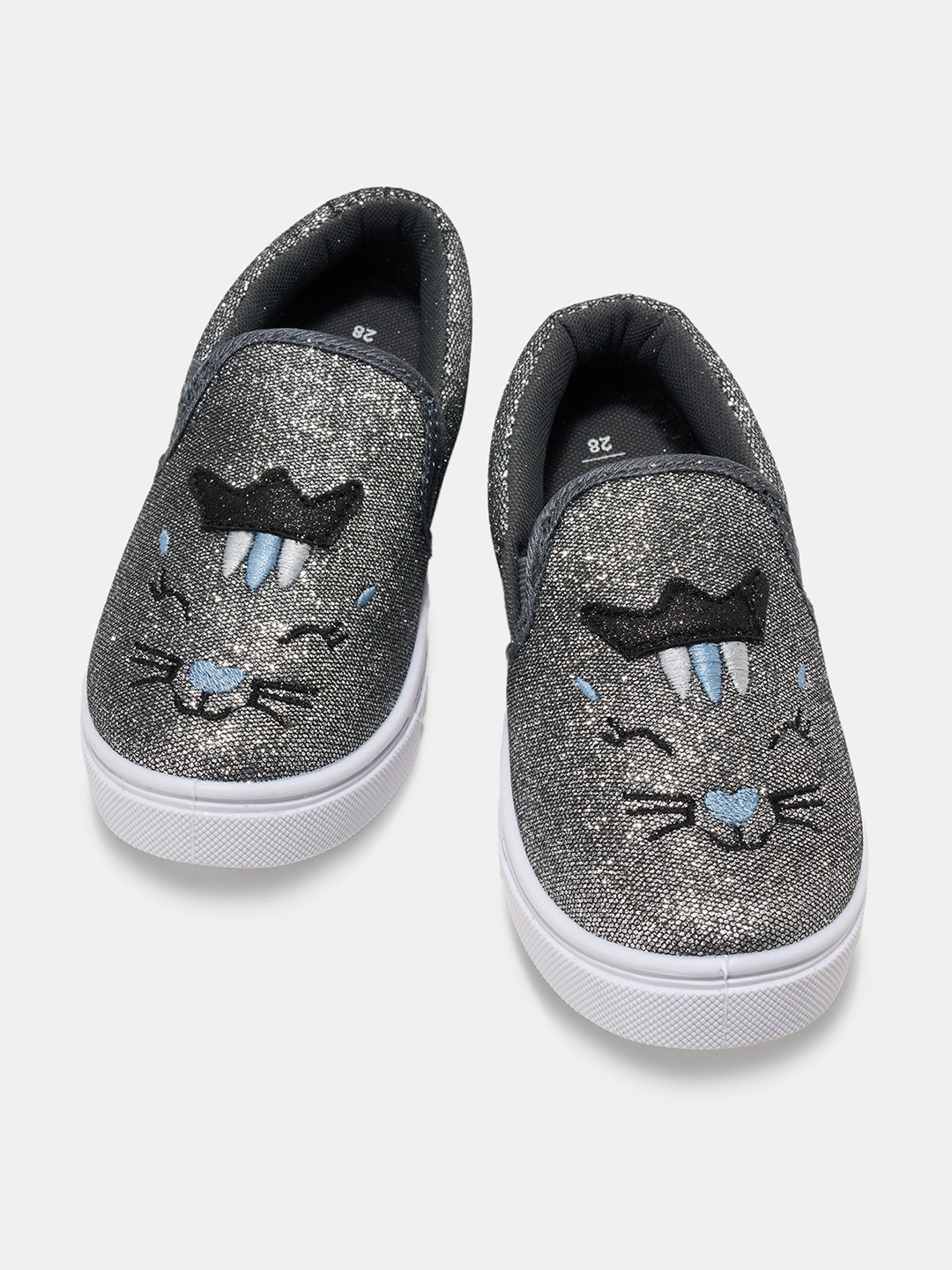 Silver Glitter Cat Face Slip-On Shoes