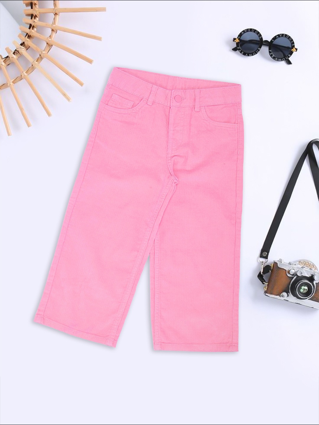 Pink Solid Corduroy Wide Leg Trousers